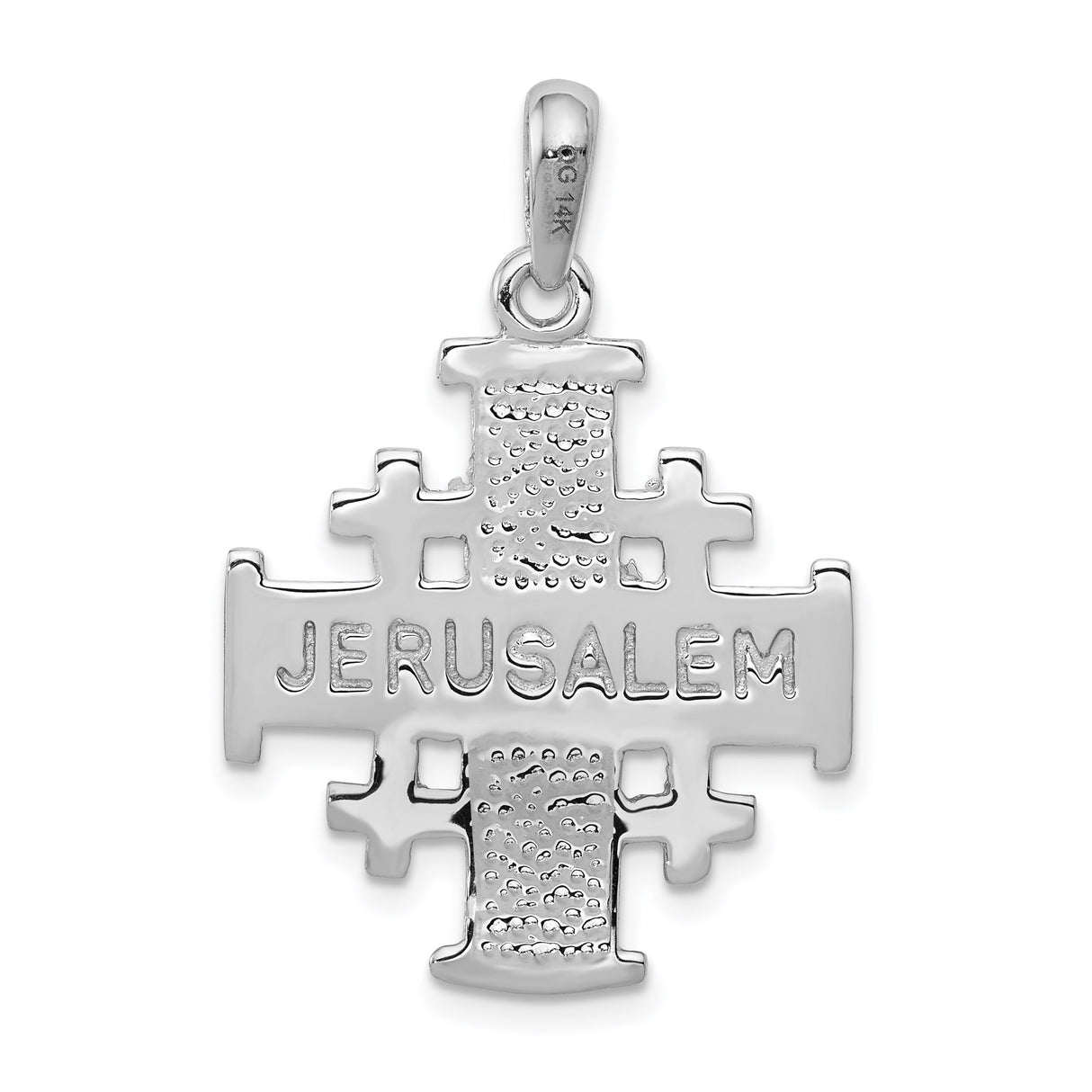 14k White Gold Jerusalem Cross Pendant with Scrollwork Detailing and Beveled Edges