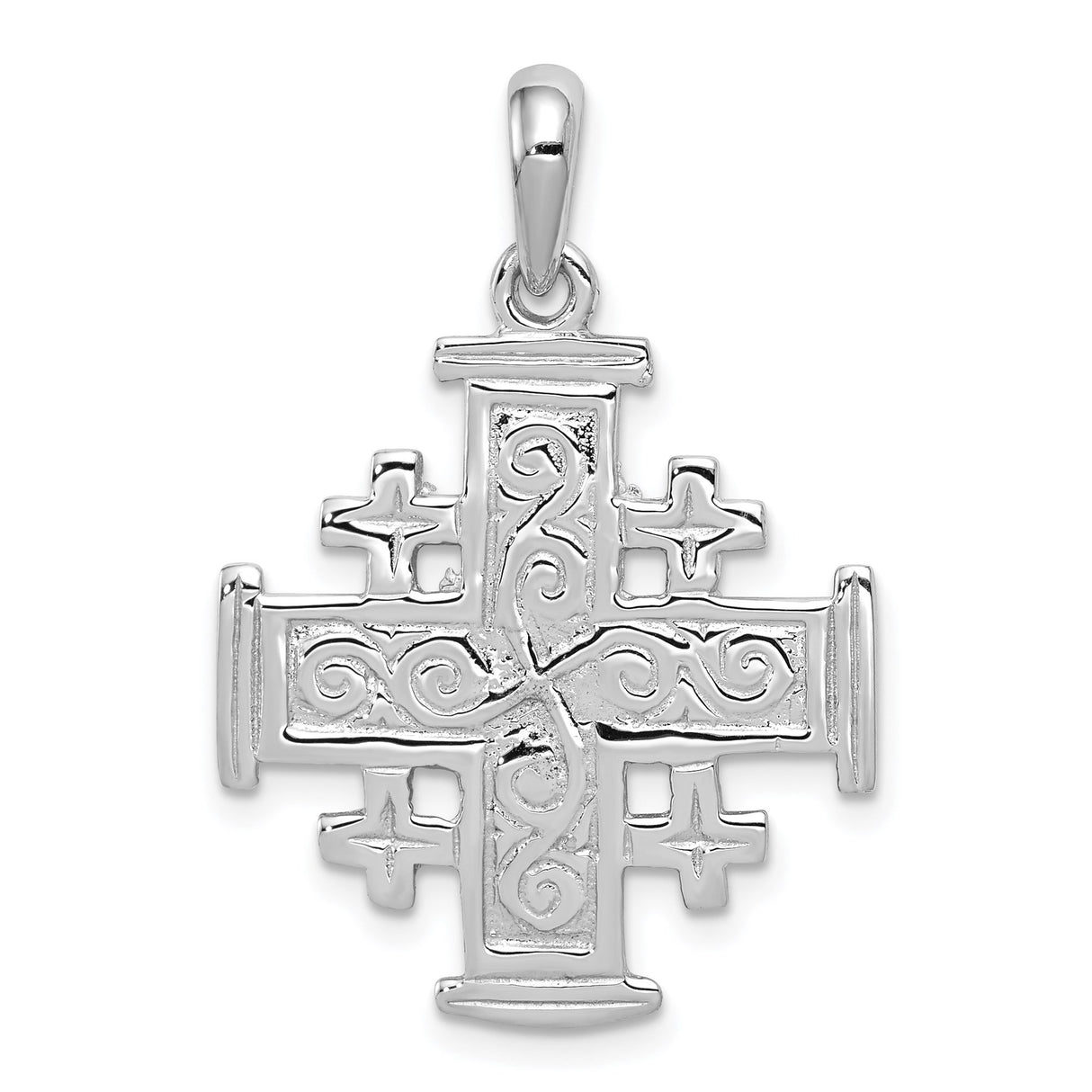 14k White Gold Jerusalem Cross Pendant with Scrollwork Detailing and Beveled Edges