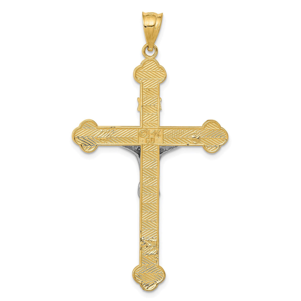 14k Multi-Tone Gold Crucifix Pendant with INRI and Detailed Jesus Figure Religious Charm