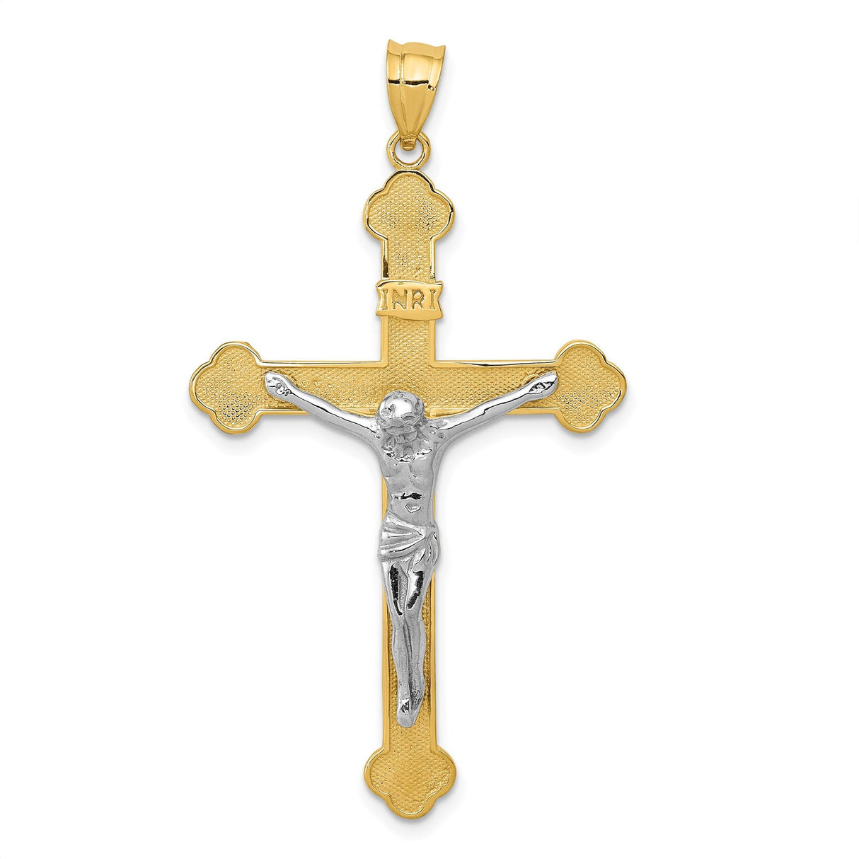 14k Multi-Tone Gold Crucifix Pendant with INRI and Detailed Jesus Figure Religious Charm