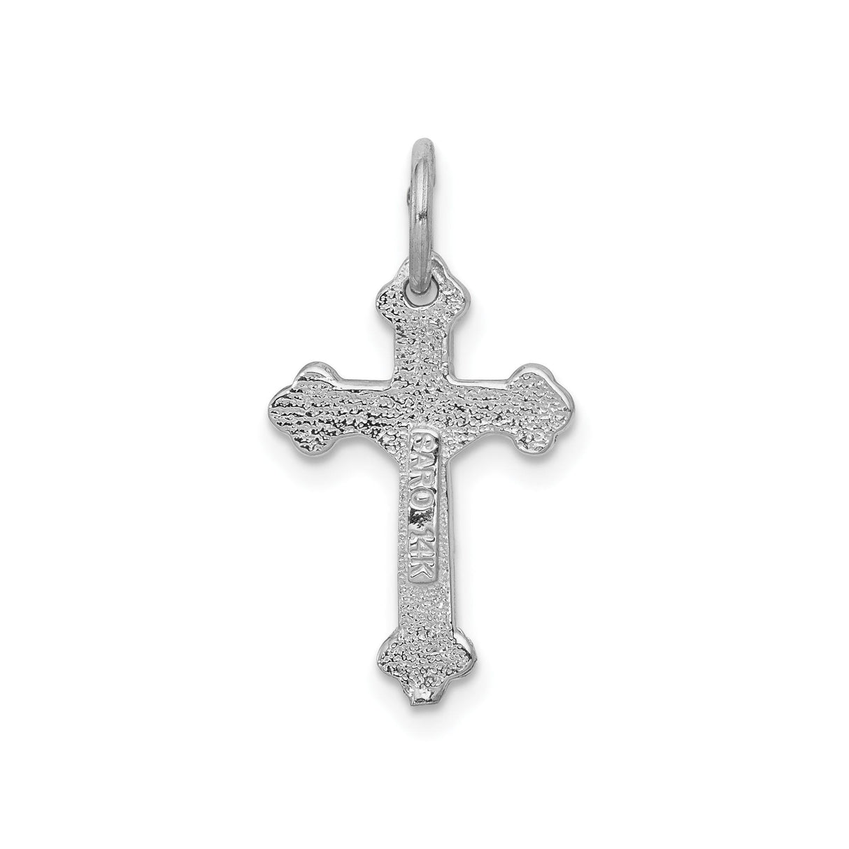 14k White Gold Crucifix Pendant with Fleur Detail and Textured Sacred Christ Figure