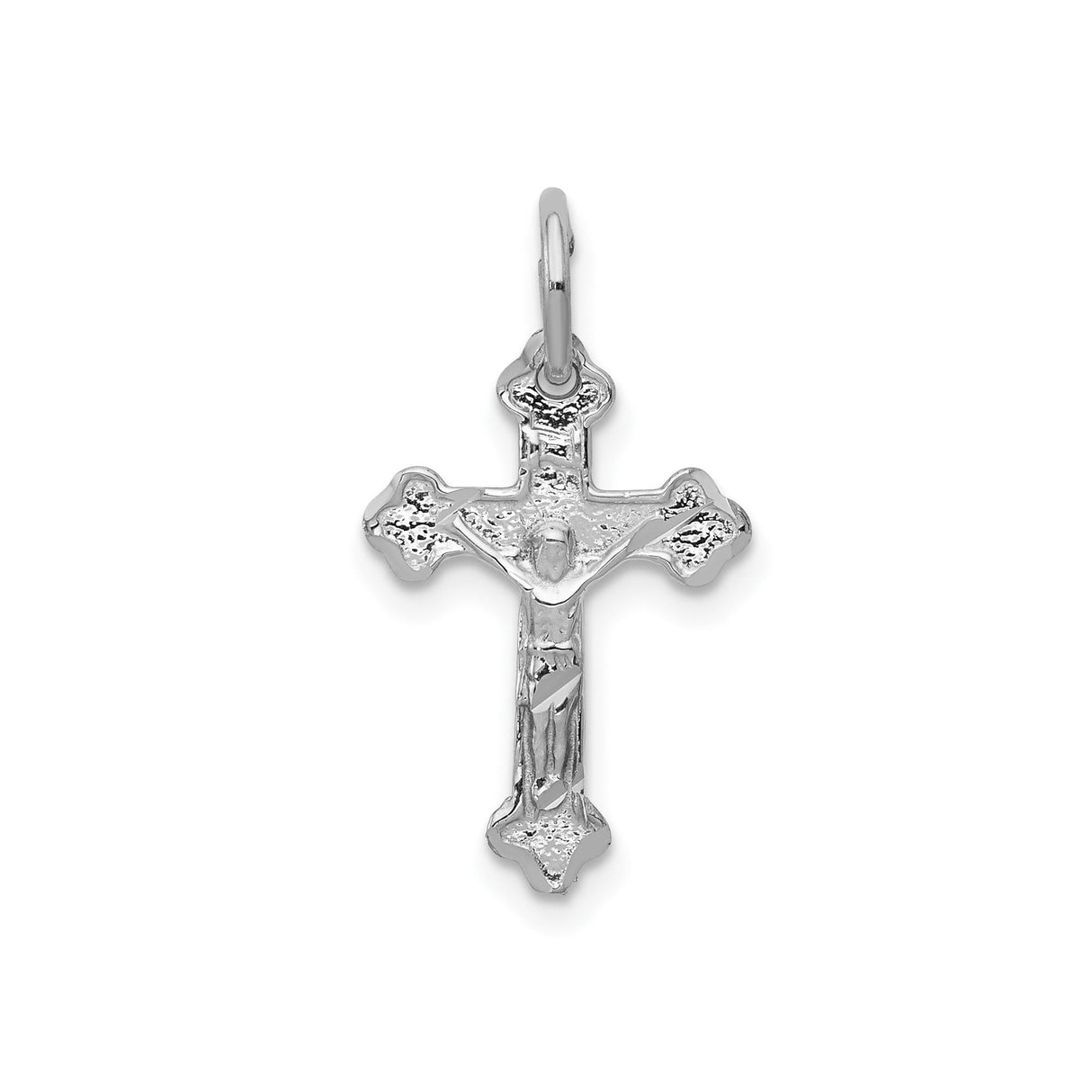 14k White Gold Crucifix Pendant with Fleur Detail and Textured Sacred Christ Figure