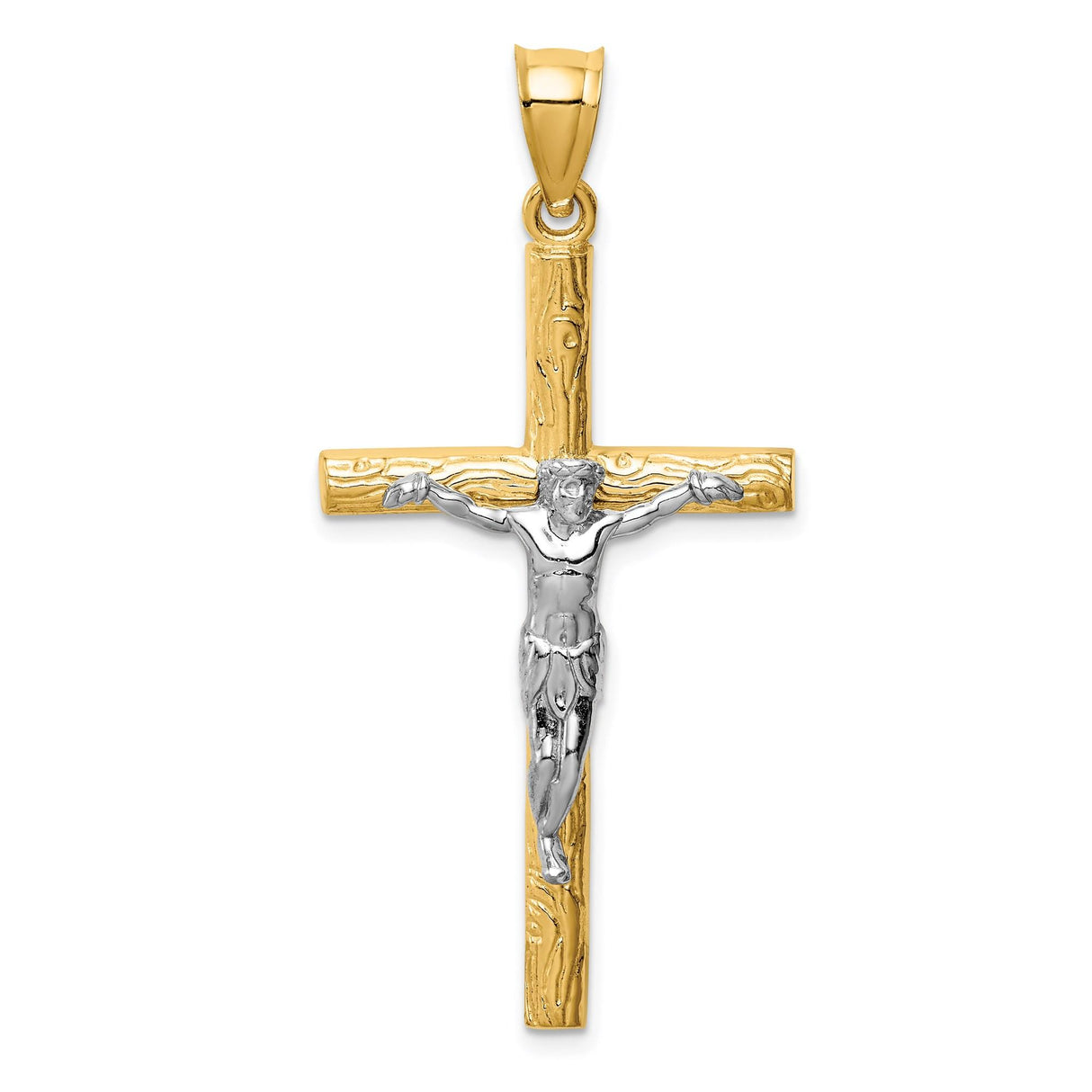14k Two-Tone Gold Crucifix Cross Pendant with Detailed Jesus, Latin Style Design