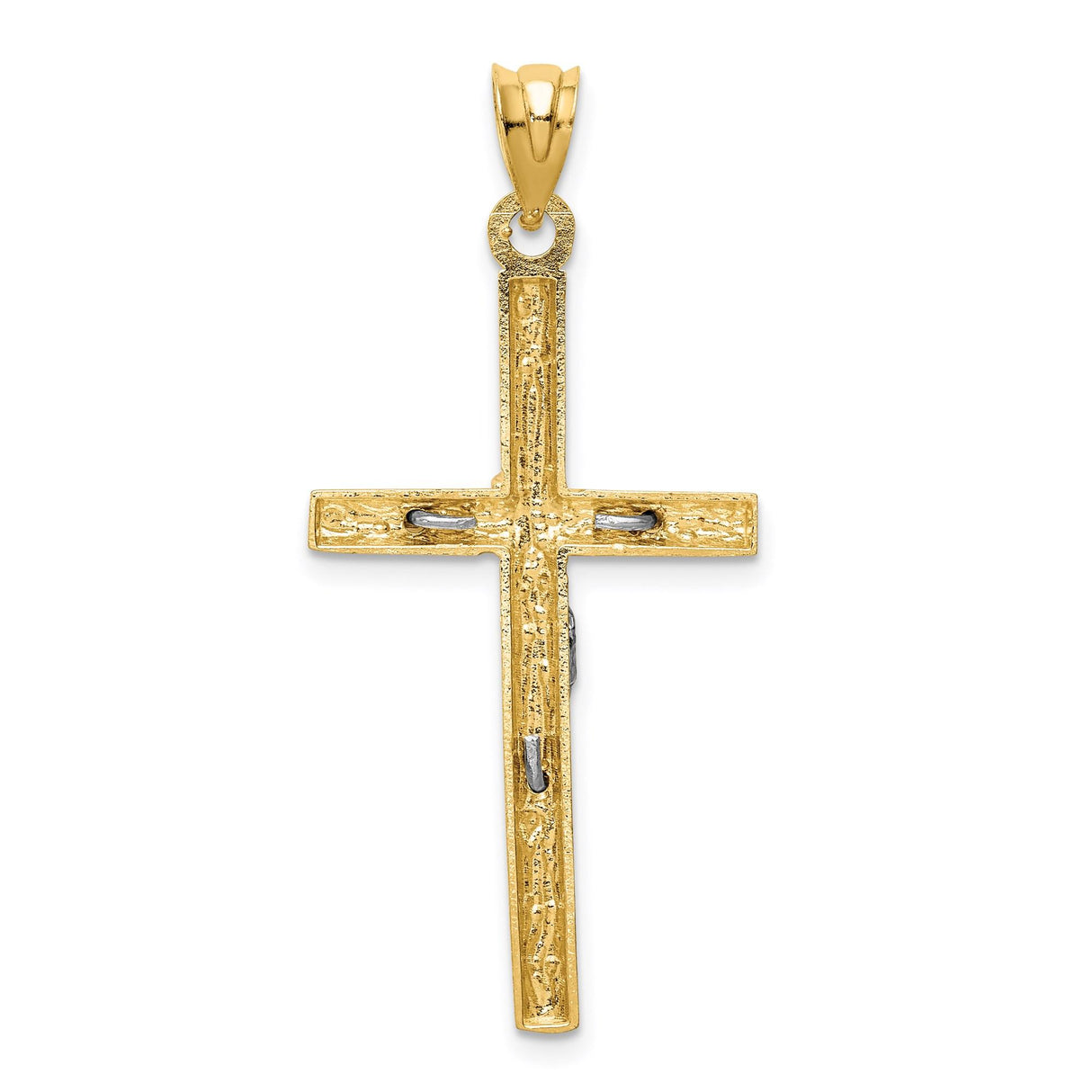 14k Two-Tone Gold Crucifix Pendant with Jesus Figure and Wood Texture Design