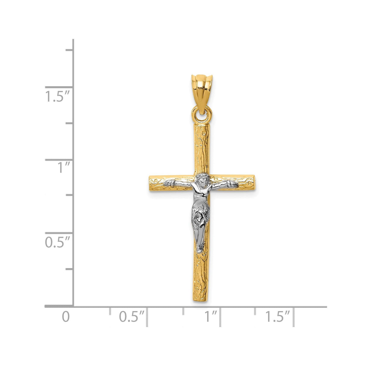 14k Two-Tone Gold Crucifix Pendant with Jesus Figure and Wood Texture Design
