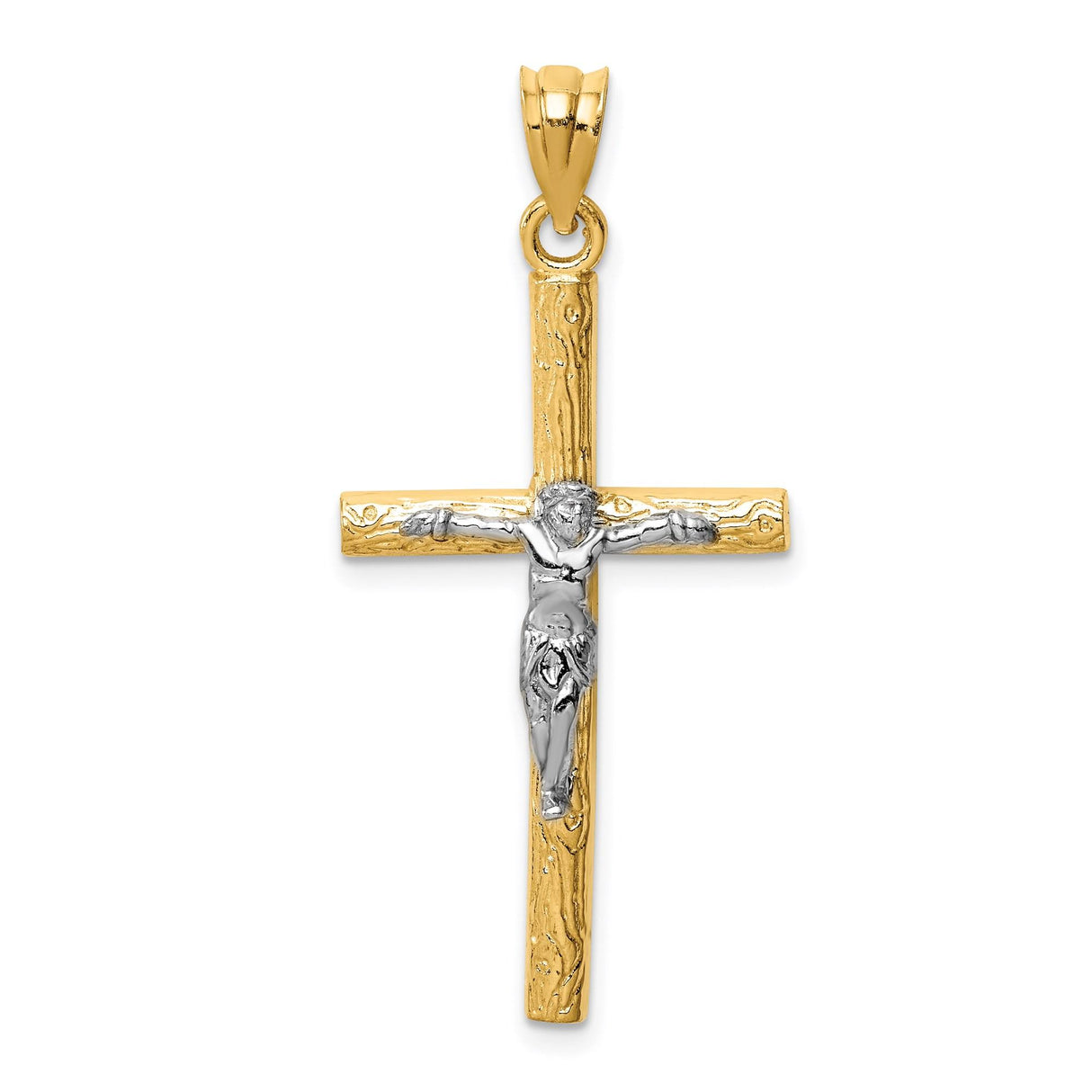 14k Two-Tone Gold Crucifix Pendant with Jesus Figure and Wood Texture Design