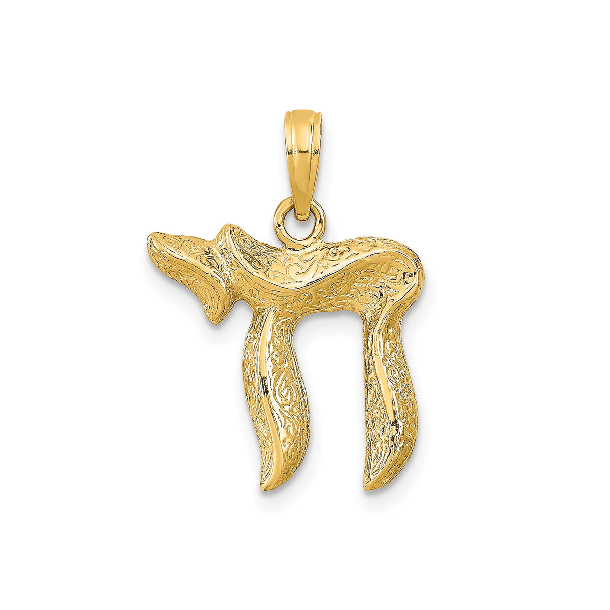 14k Yellow Gold Chai Pendant, Ornate Hebrew Life Symbol, Textured Jewish Religious Jewelry