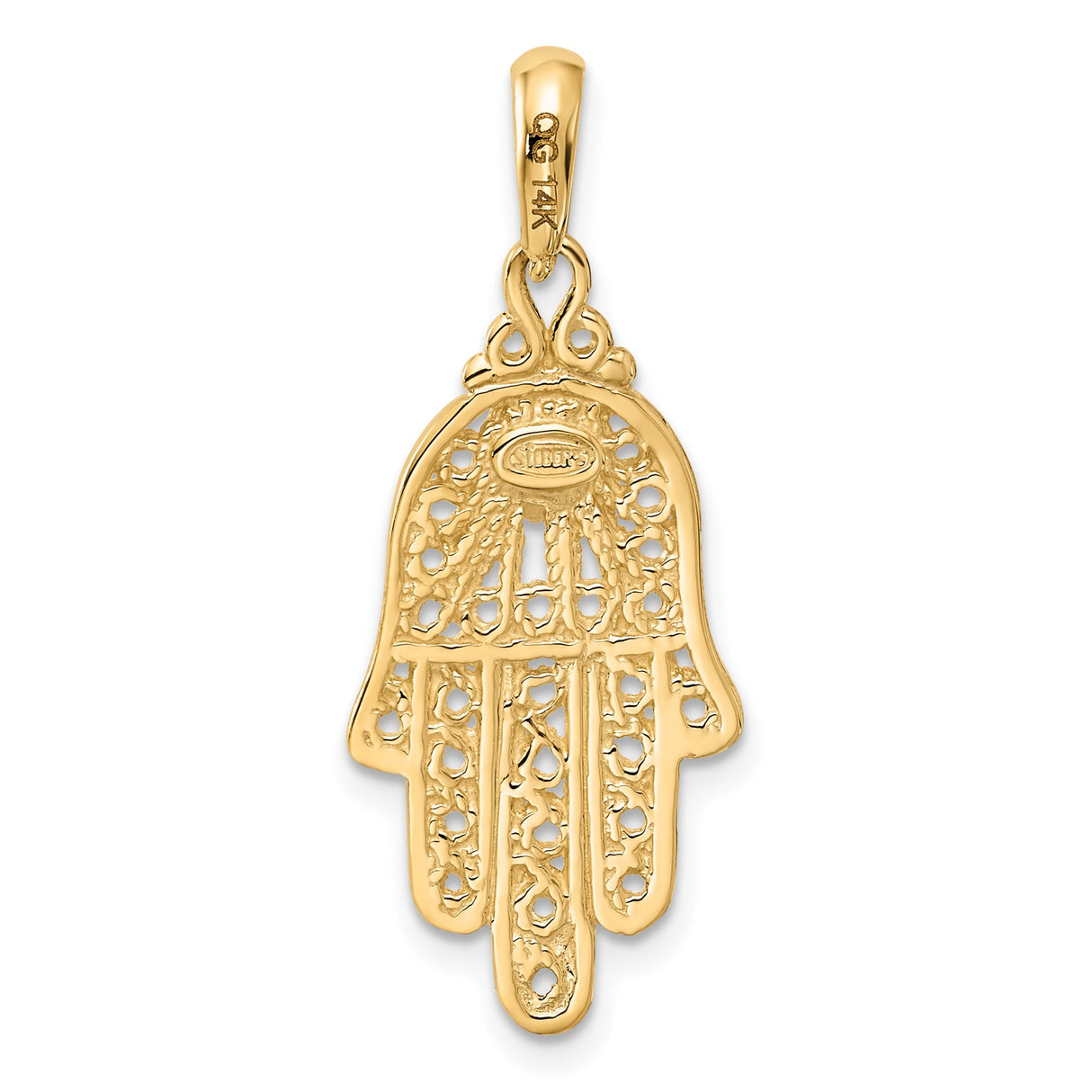 14k Yellow Gold Hamsa Pendant with Turquoise, Filigree Hand Charm for Women