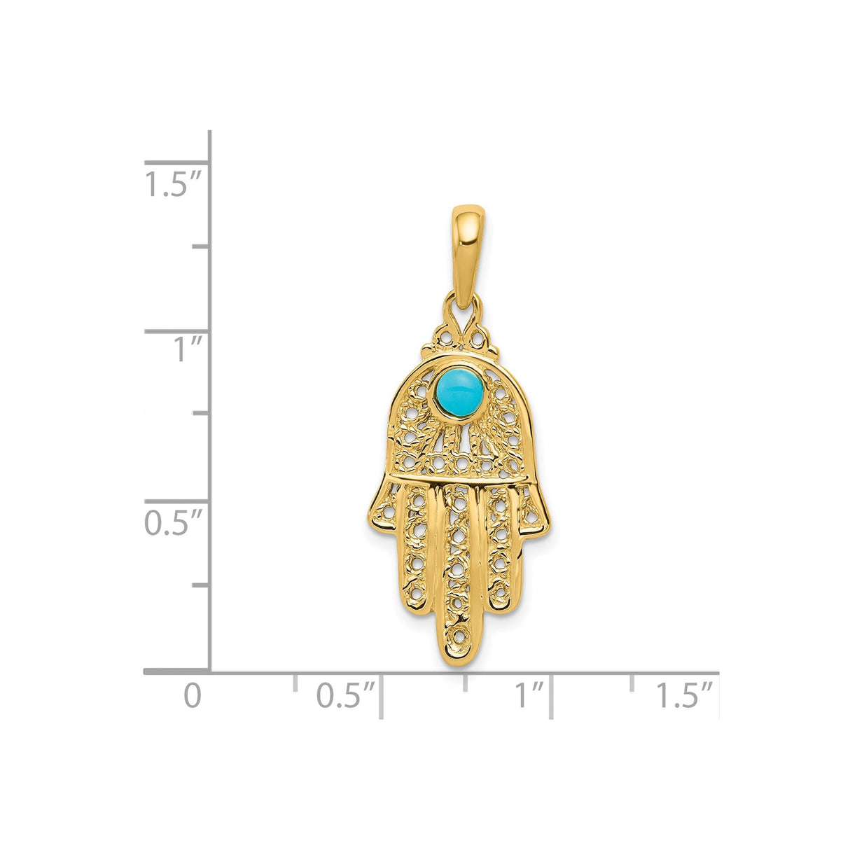14k Yellow Gold Hamsa Pendant with Turquoise, Filigree Hand Charm for Women