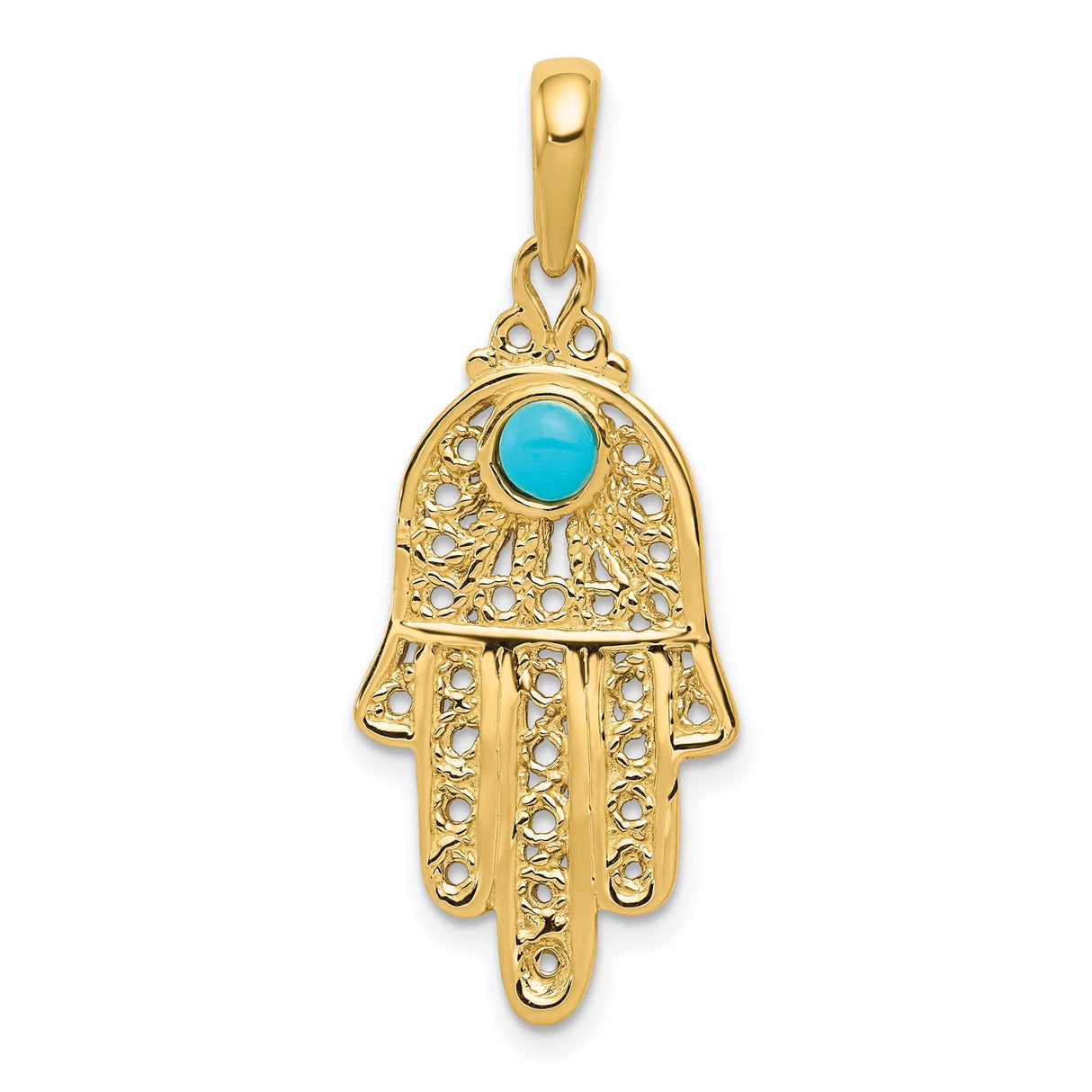 14k Yellow Gold Hamsa Pendant with Turquoise, Filigree Hand Charm for Women