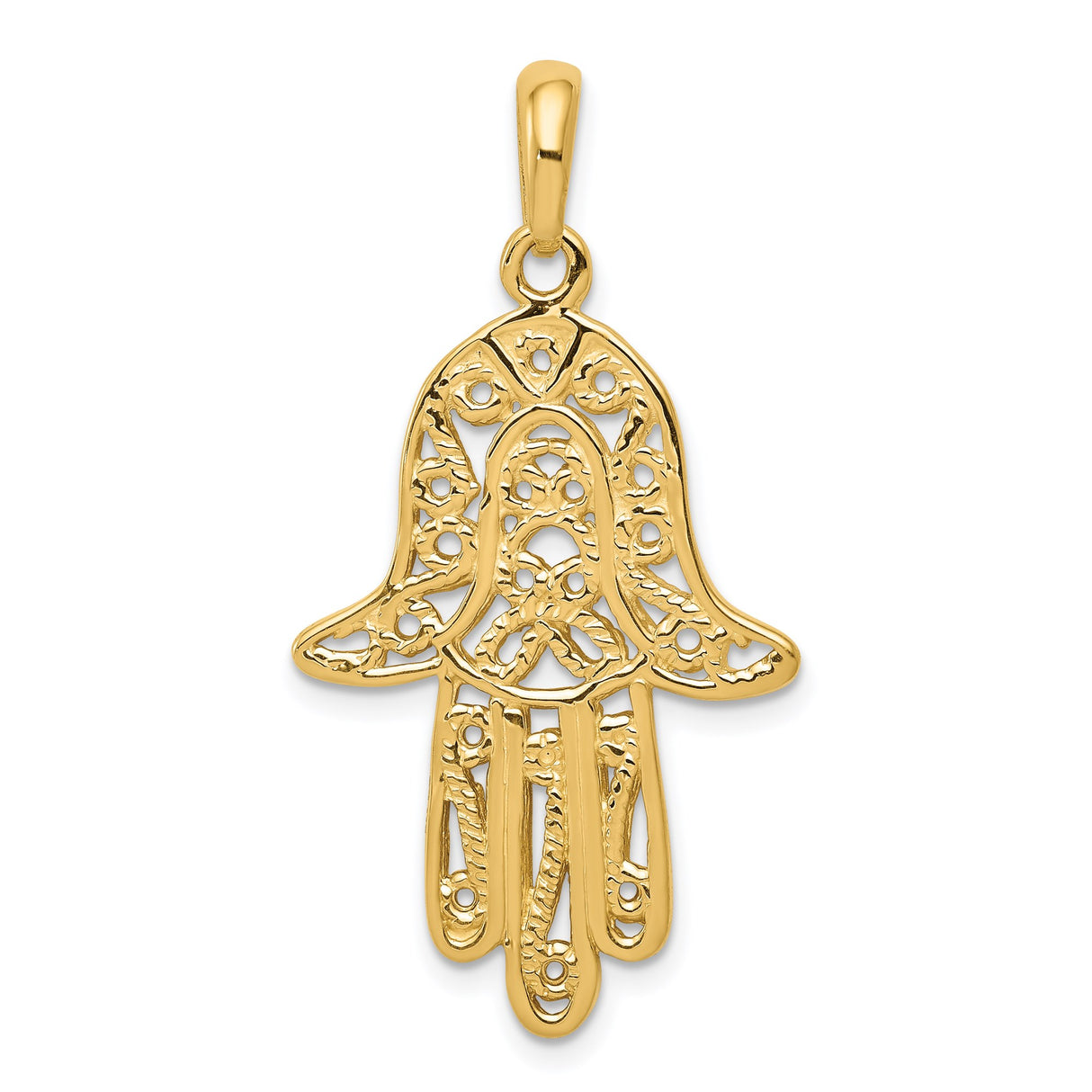 14k Yellow Gold Hamsa Pendant with Intricate Filigree Design, Hand of Fatima Symbol for Women