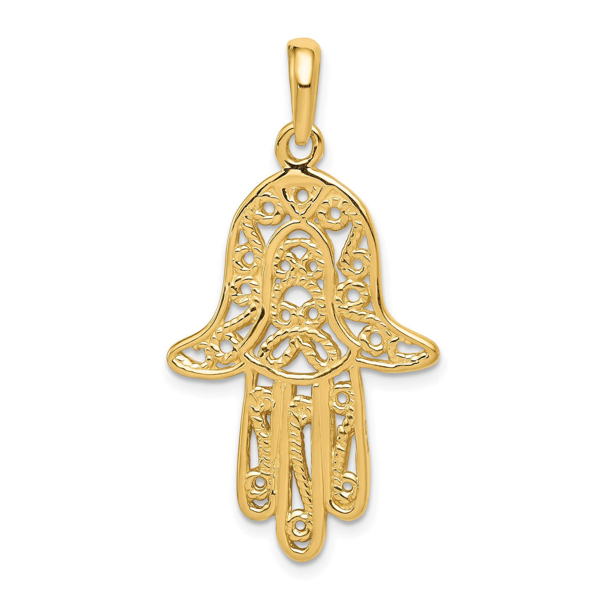 14k Yellow Gold Hamsa Pendant with Intricate Filigree Design, Hand of Fatima Symbol for Women