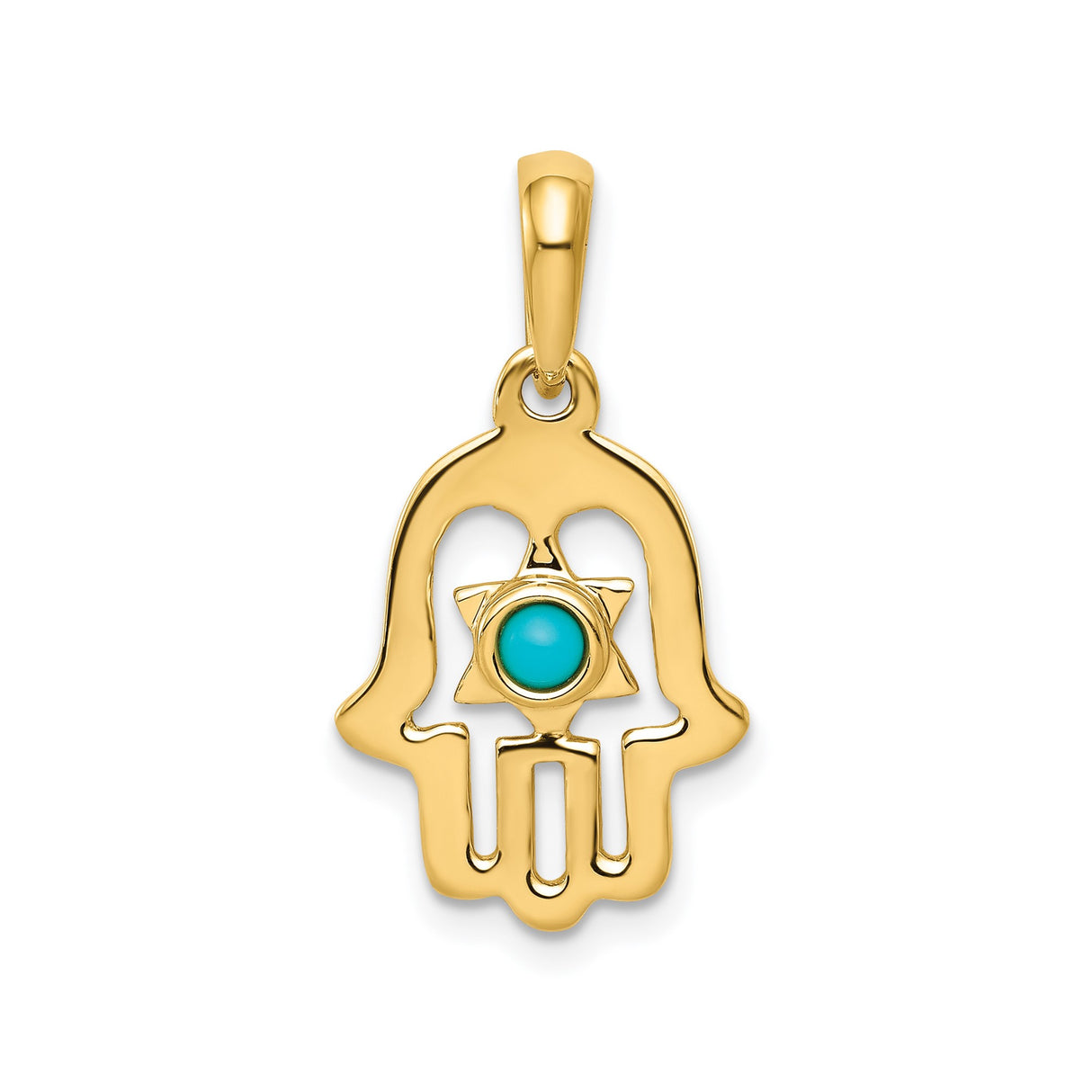 14k Yellow Gold Hamsa Pendant with Turquoise Star of David, Jewish Spiritual Amulet for Women