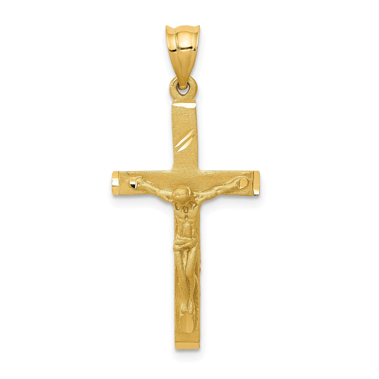 14k Yellow Gold Crucifix Pendant with High Relief Jesus Figure, Latin Catholic Cross Charm