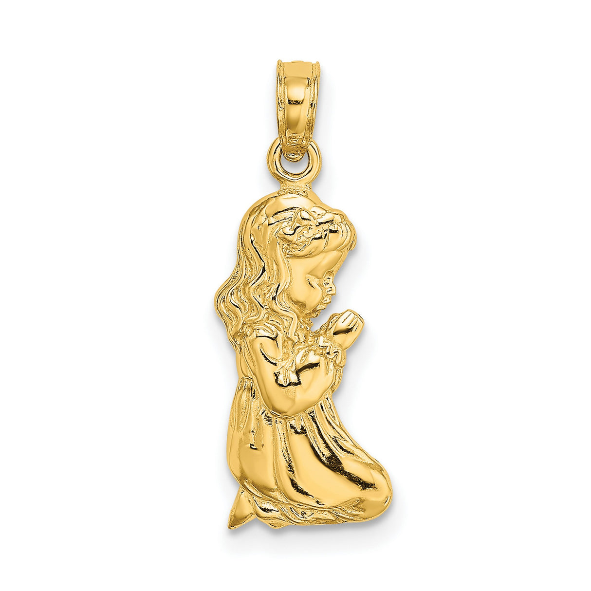 14k Yellow Gold Pendant with Kneeling Girl in Prayer, Christian Religious Charm for Women