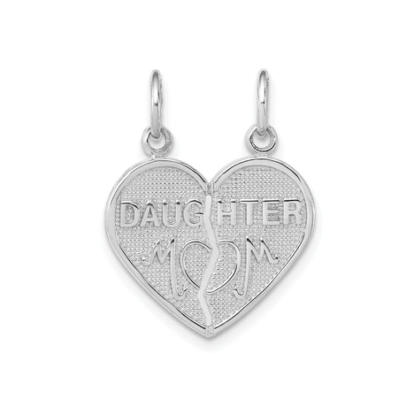14k White Gold Split Heart Pendant with Mom Daughter Engravings, Symbolic Family Charm