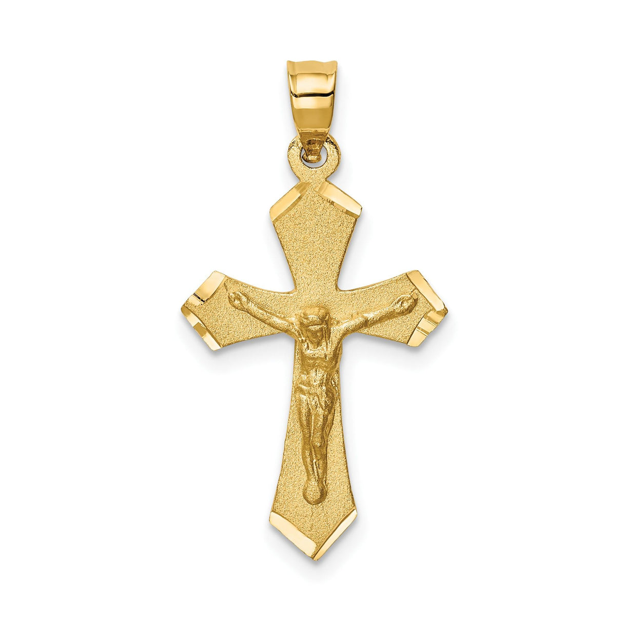 14k Yellow Gold Crucifix Cross Pendant with High Polish and Satin Finish Featuring Jesus