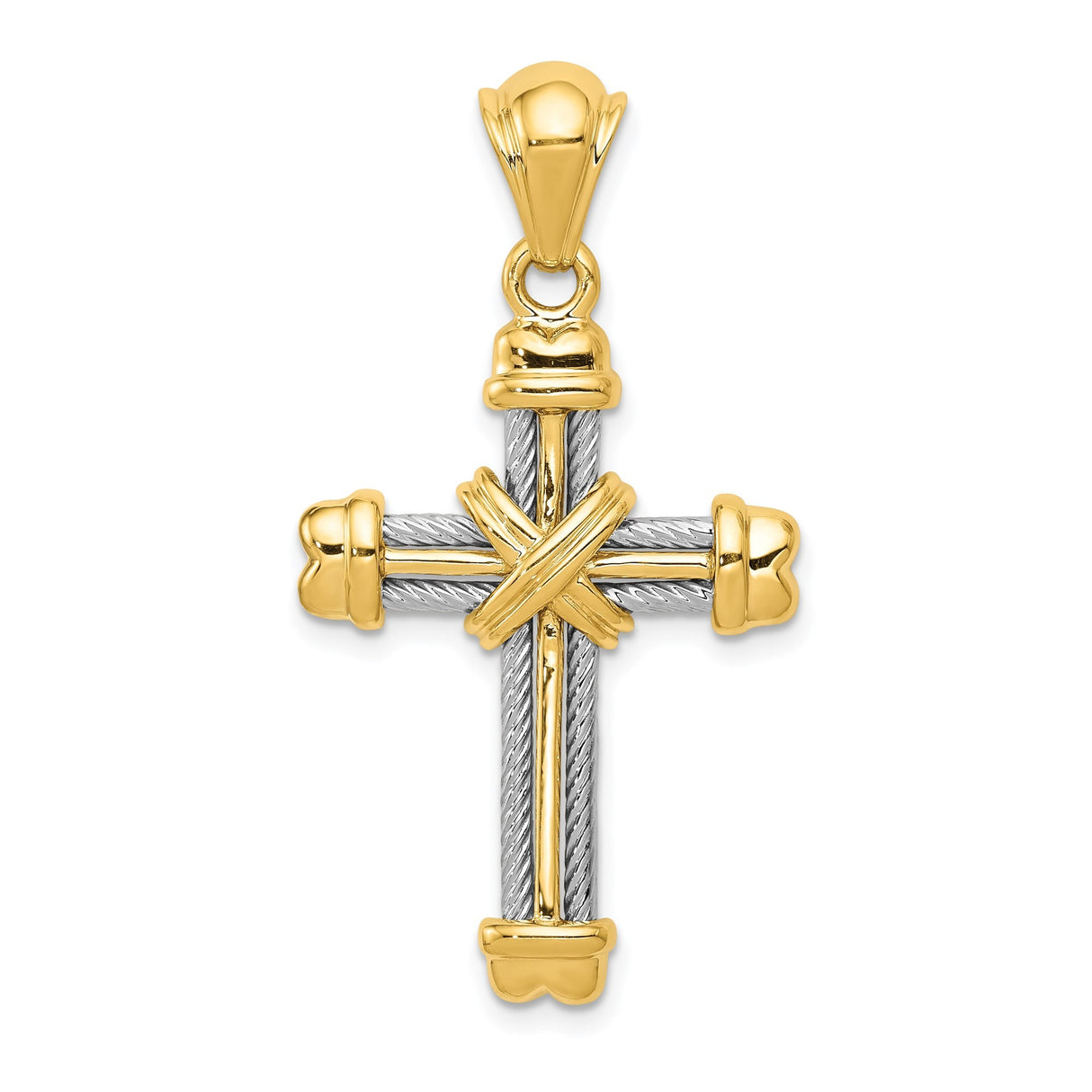 14k Two-Tone Gold Cross Pendant with Twisted Cable Design and Sculpted Ends