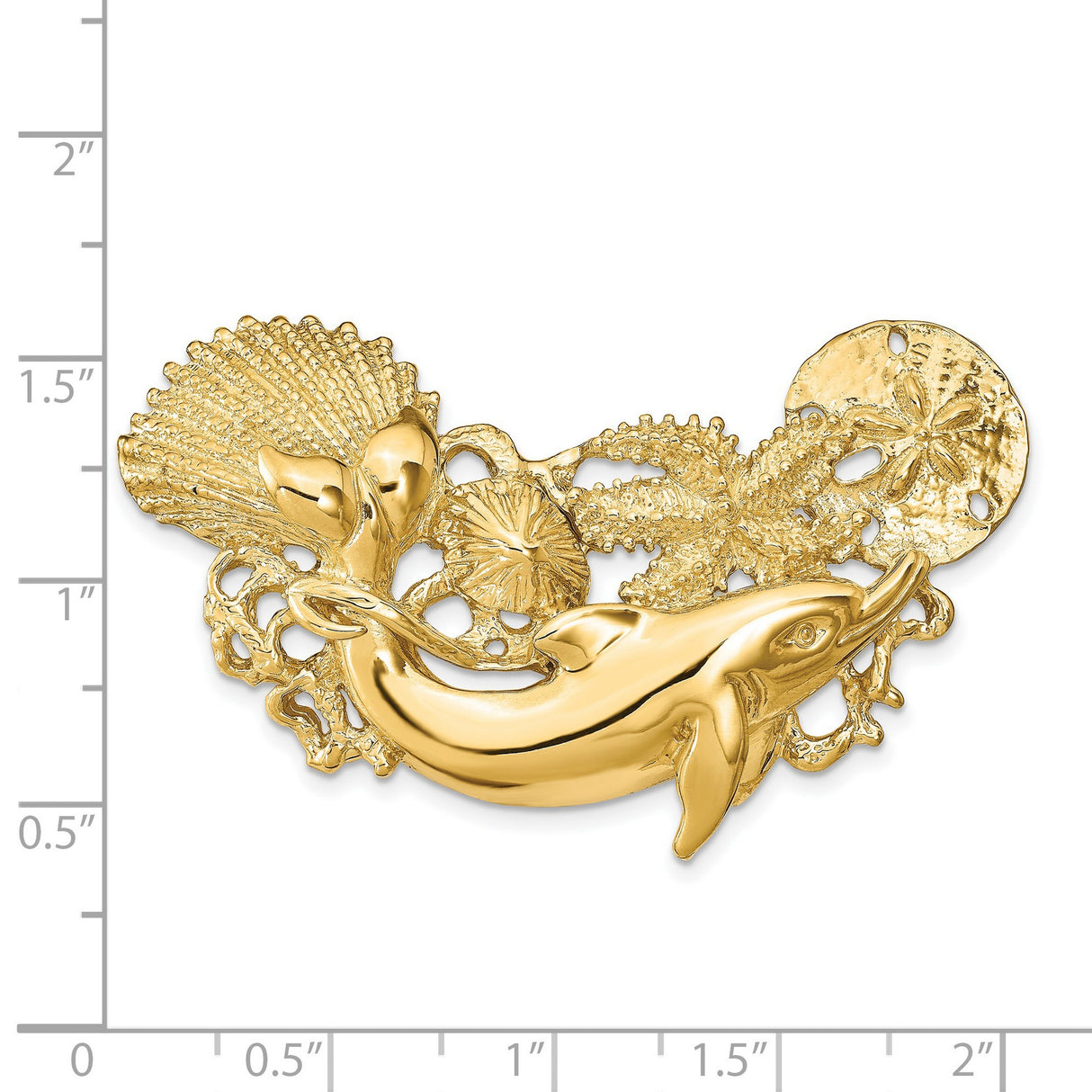 14k Yellow Gold Dolphin and Seashell Brooch with Starfish and Sand Dollar, Ocean Theme Jewelry Pin