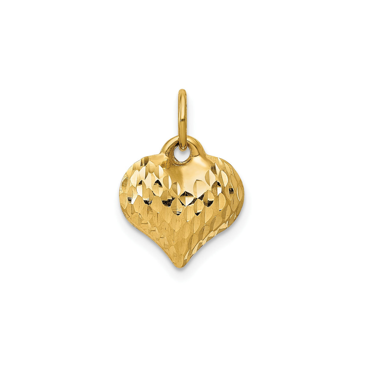14k Yellow Gold Puffed Heart Pendant with Diamond Cut Textured Finish, Romantic Design for Women
