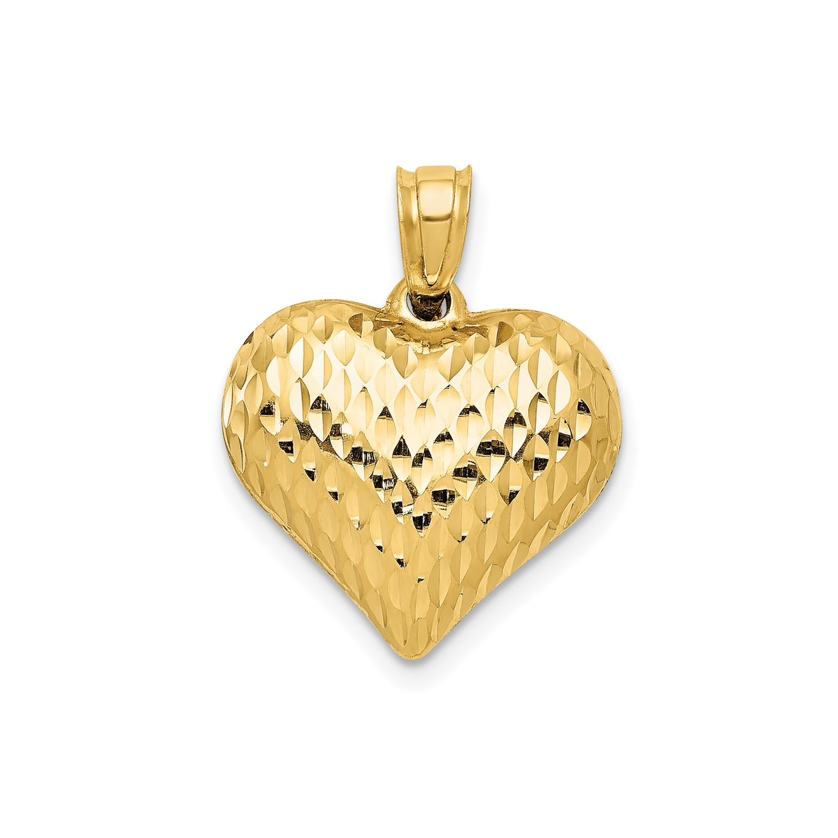 14k Yellow Gold Heart Pendant, Diamond Cut Textured Finish, Solid Puffed Charm Jewelry
