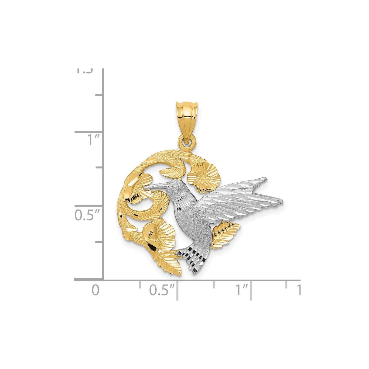 14k Two-Tone Gold Pendant with Hummingbird in Motion and Floral Accents