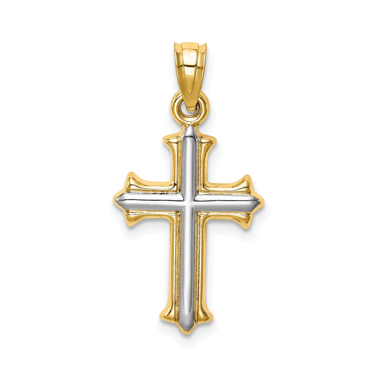 14k Multi-Tone Gold Cross Pendant with Fleur De Lis Design, Polished Religious Jewelry for Men and Women