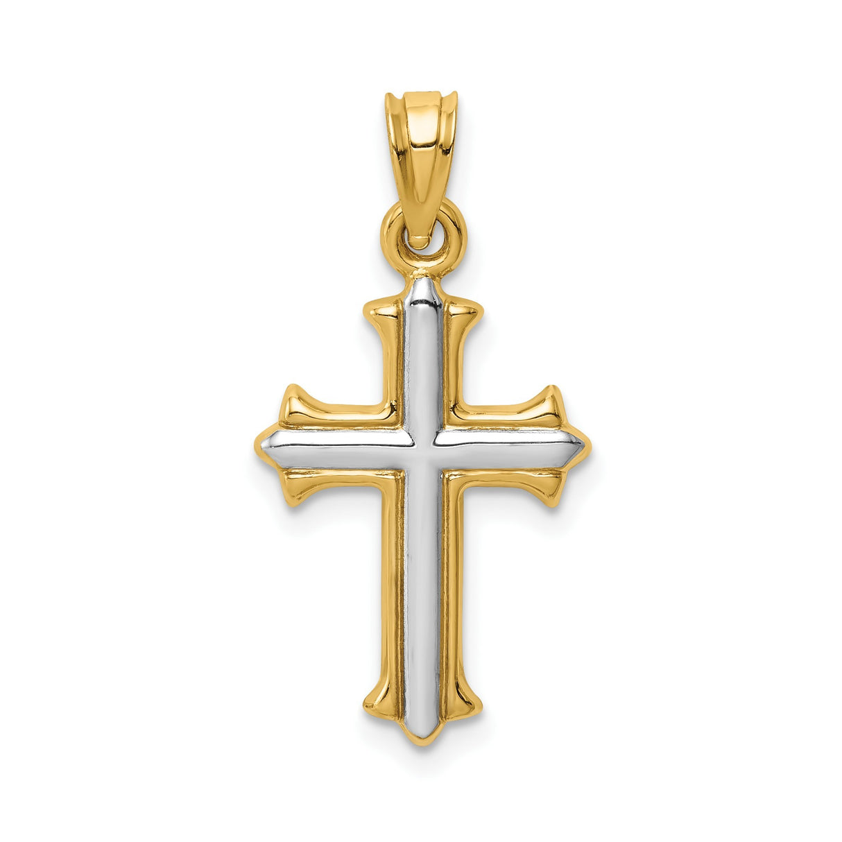 14k Multi-Tone Gold Cross Pendant with Fleur De Lis Design, Polished Religious Jewelry for Men and Women