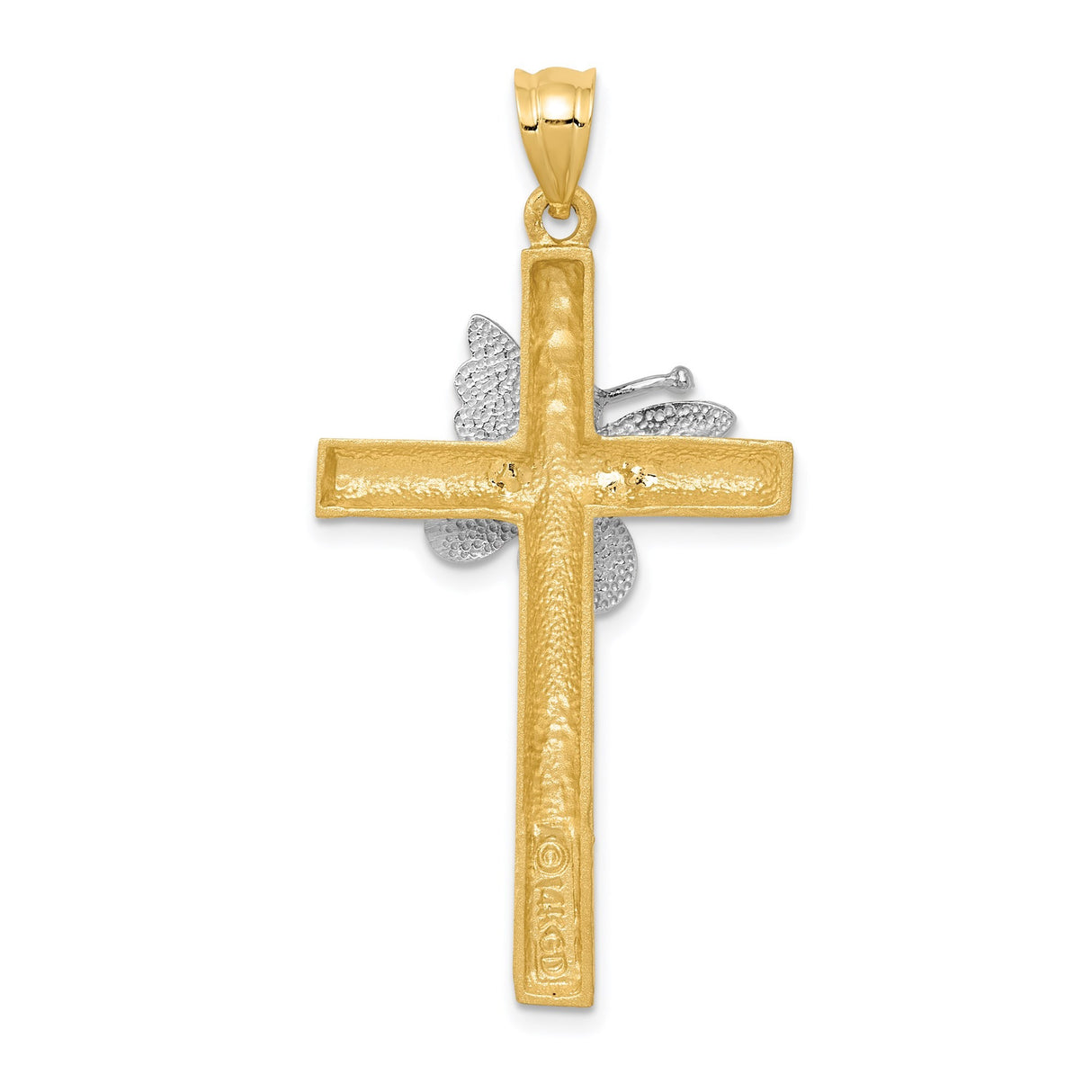 14k Multi-Tone Gold Latin Cross Pendant with Butterfly Accent and Textured Design