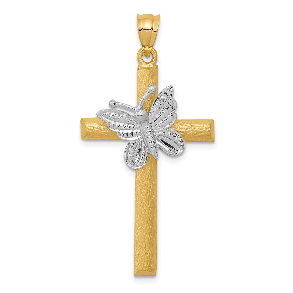 14k Multi-Tone Gold Latin Cross Pendant with Butterfly Accent and Textured Design