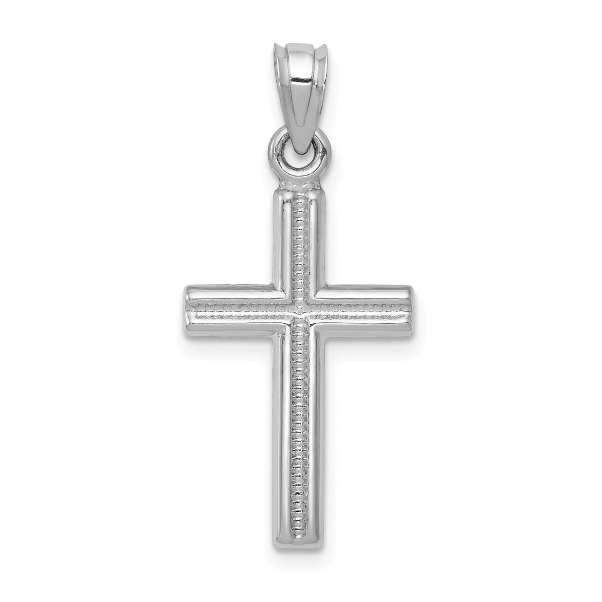 14k White Gold Cross Pendant, Mirror Finish with Milgrain Detailing, Unisex Religious Charm