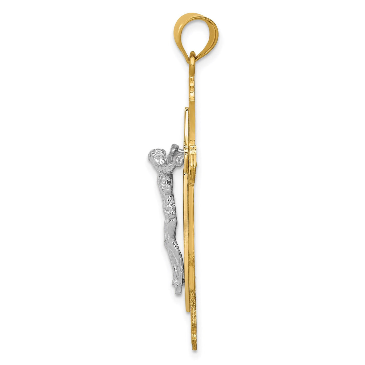 14k Two-Tone Gold Crucifix Pendant, Polished and Matte Patonce Cross with Christ Figure