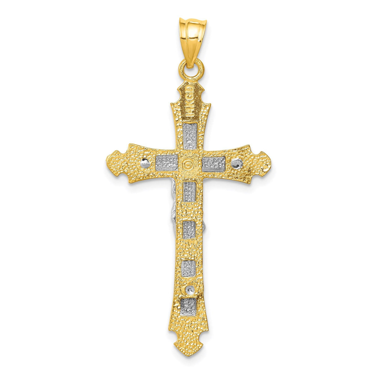 14k Two-Tone Gold Crucifix Pendant, Polished and Matte Patonce Cross with Christ Figure