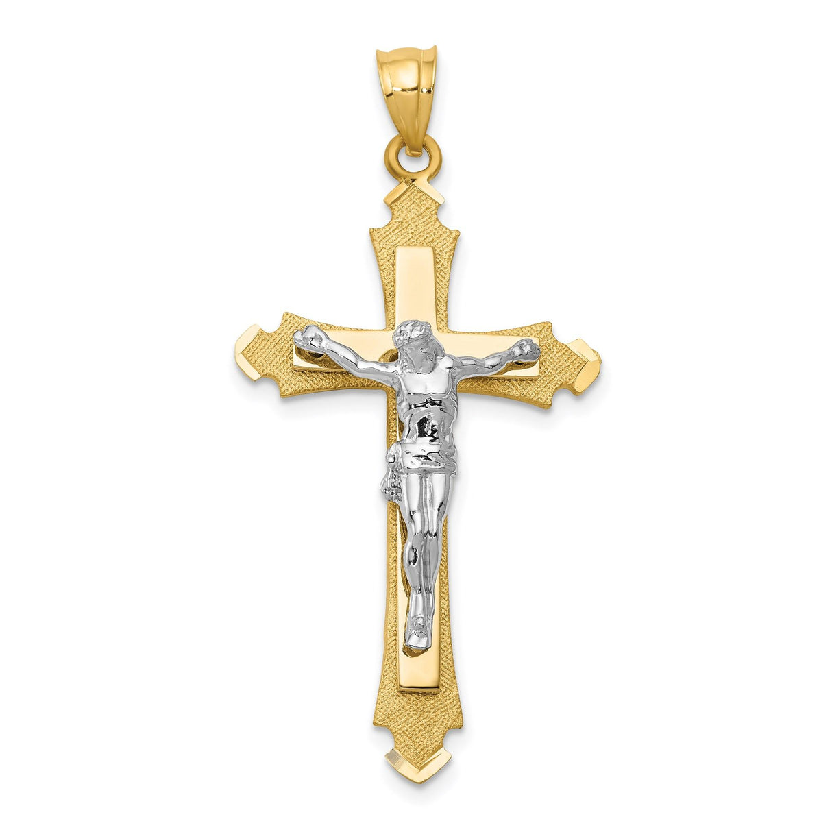 14k Two-Tone Gold Crucifix Pendant, Polished and Matte Patonce Cross with Christ Figure