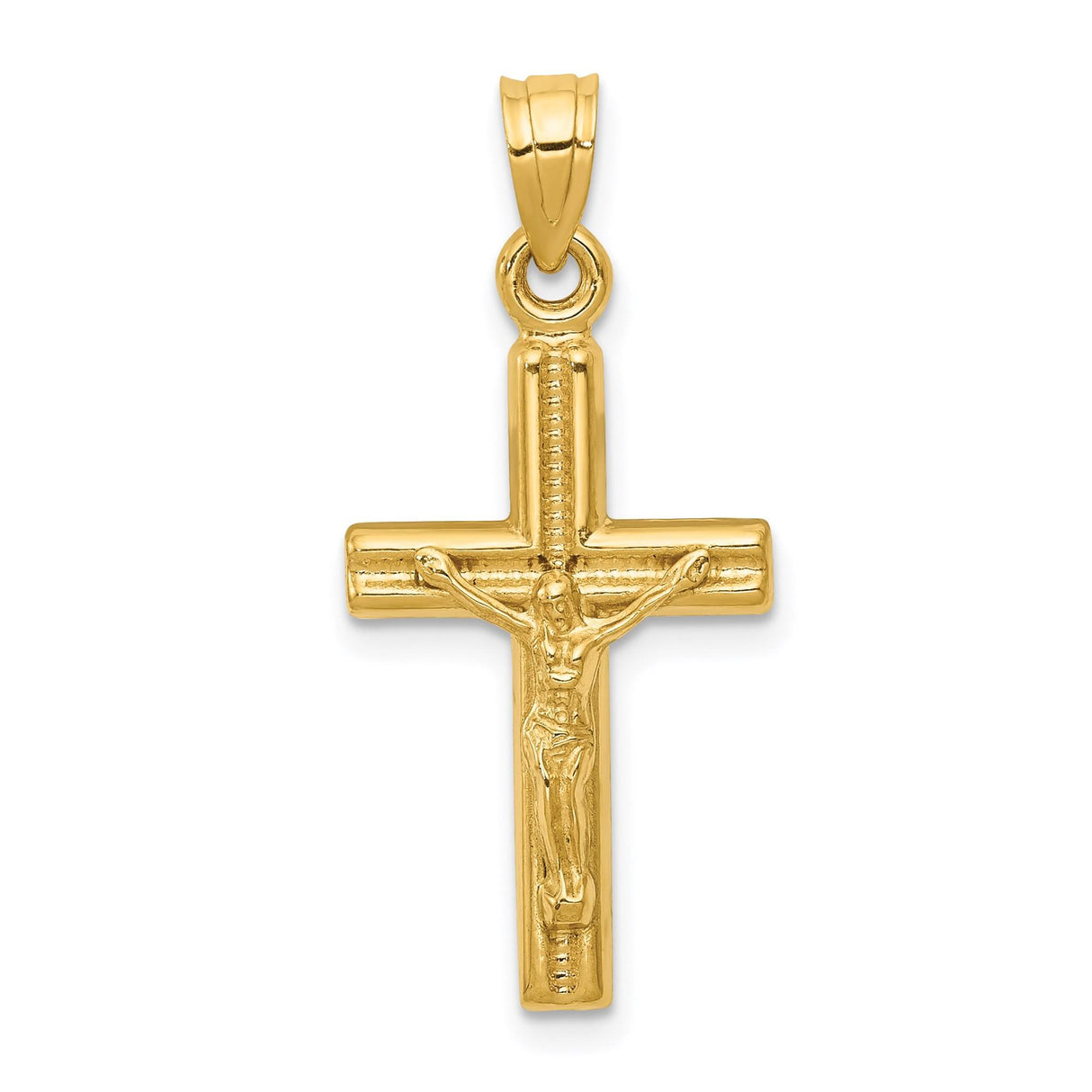 14k Yellow Gold Crucifix Pendant with Textured Jesus on Cross, Religious Charm for Men and Women