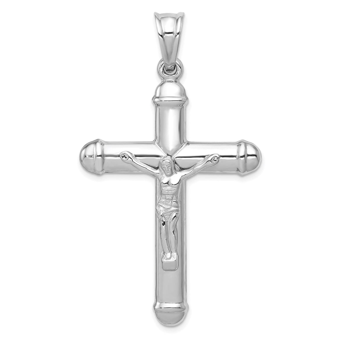 14k White Gold Crucifix Cross Pendant with Capped Ends, Reversible Religious Design