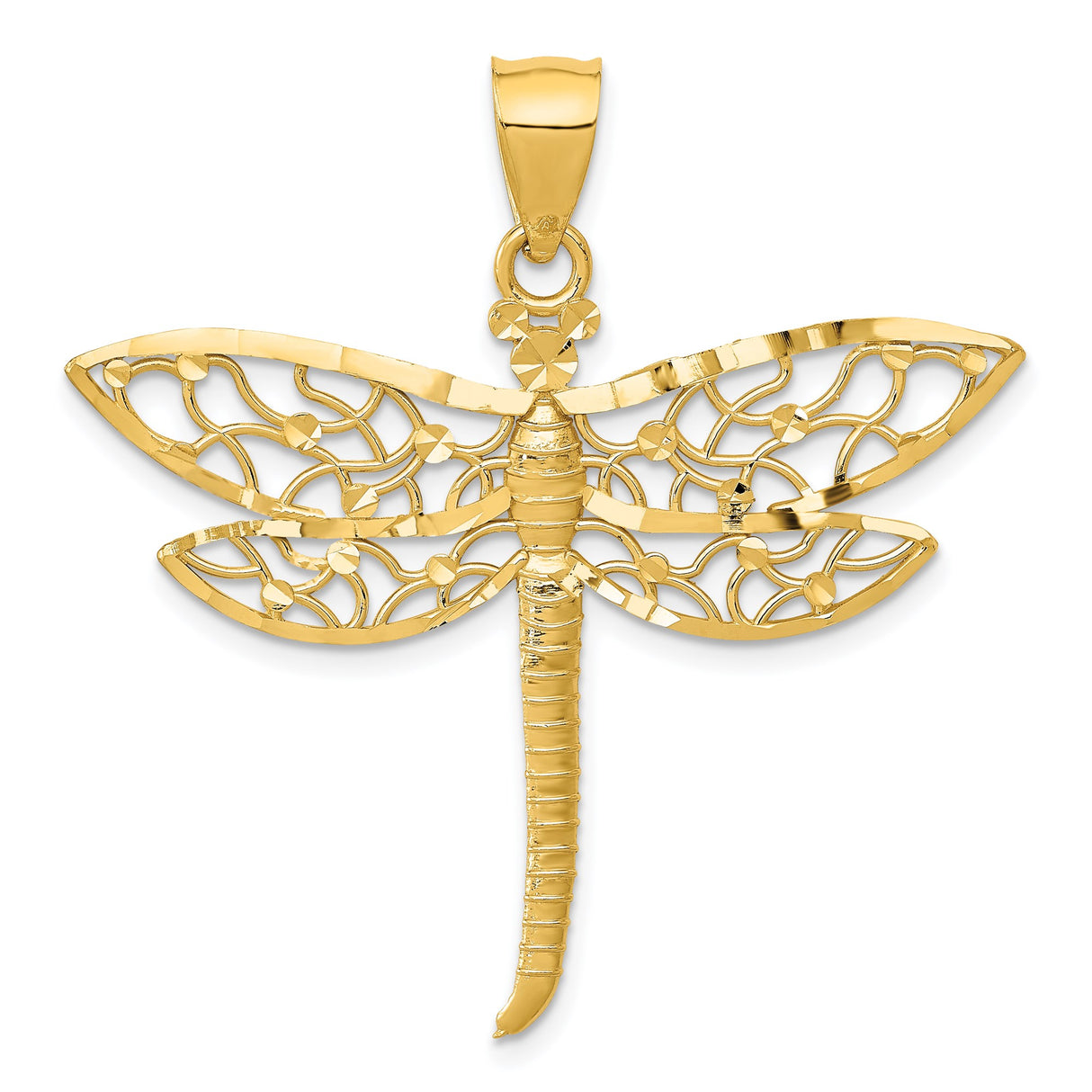 14k Yellow Gold Dragonfly Pendant with Openwork Wing Design, Boho Nature-Inspired Charm for Women