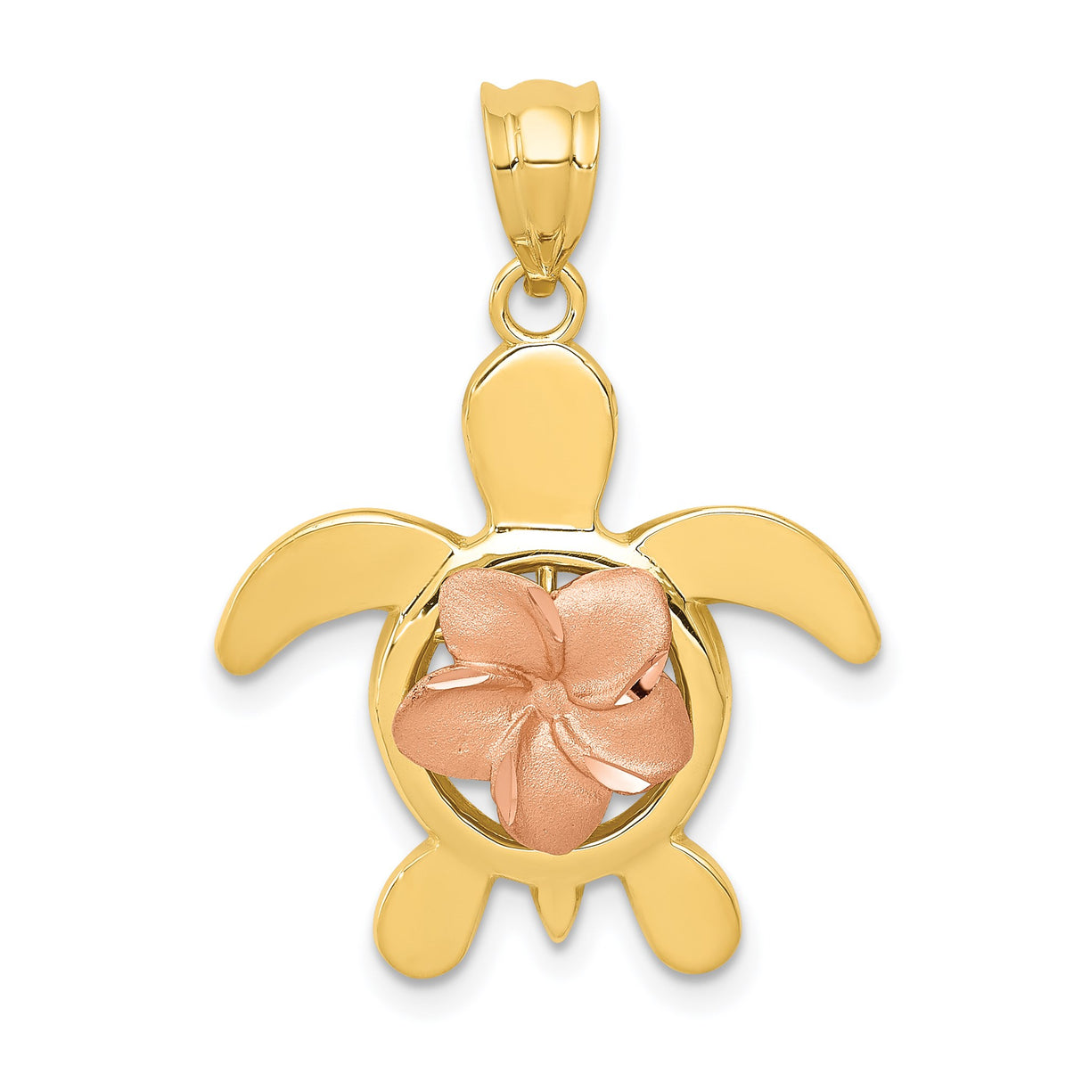 14k Two-Tone Gold Turtle Pendant with Rose Gold Plumeria Flower, Ocean-Inspired Charm