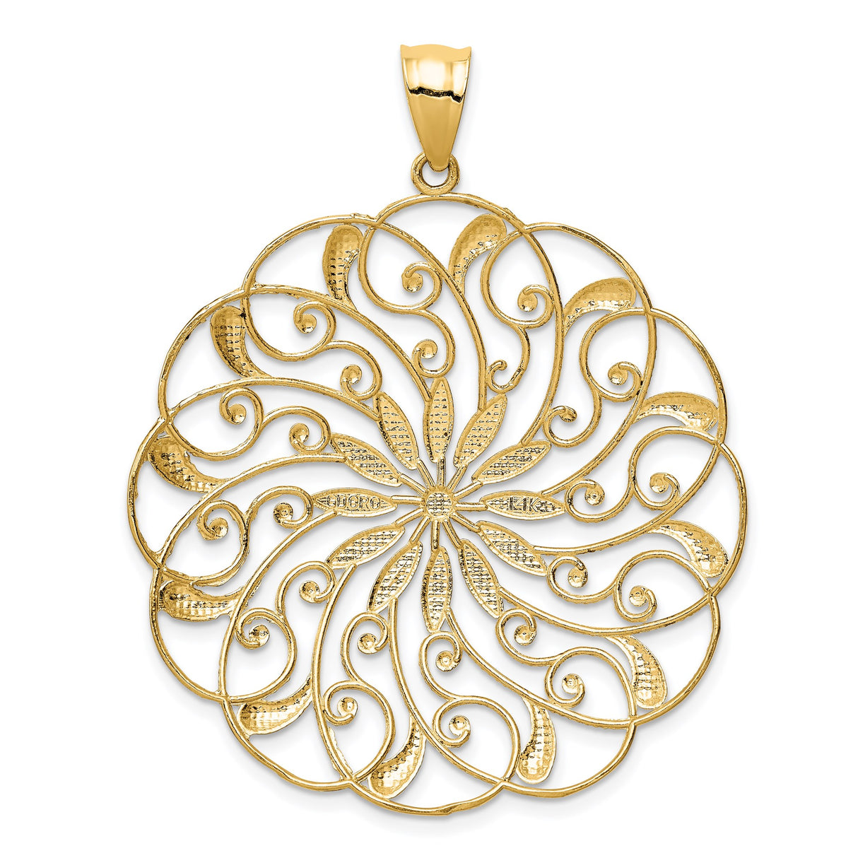 14k Yellow Gold and Rhodium Filigree Flower Pendant with Mandala Design