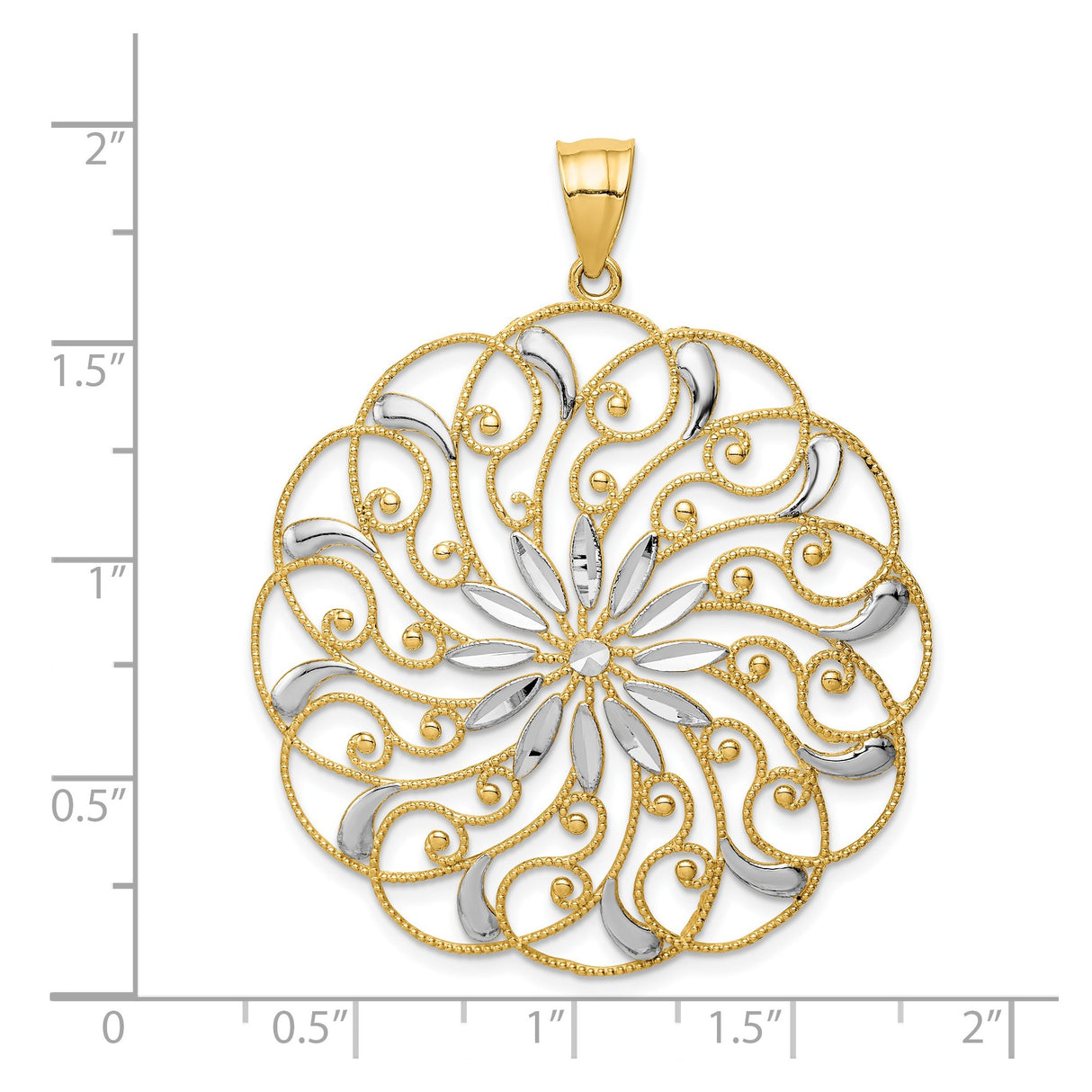 14k Yellow Gold and Rhodium Filigree Flower Pendant with Mandala Design