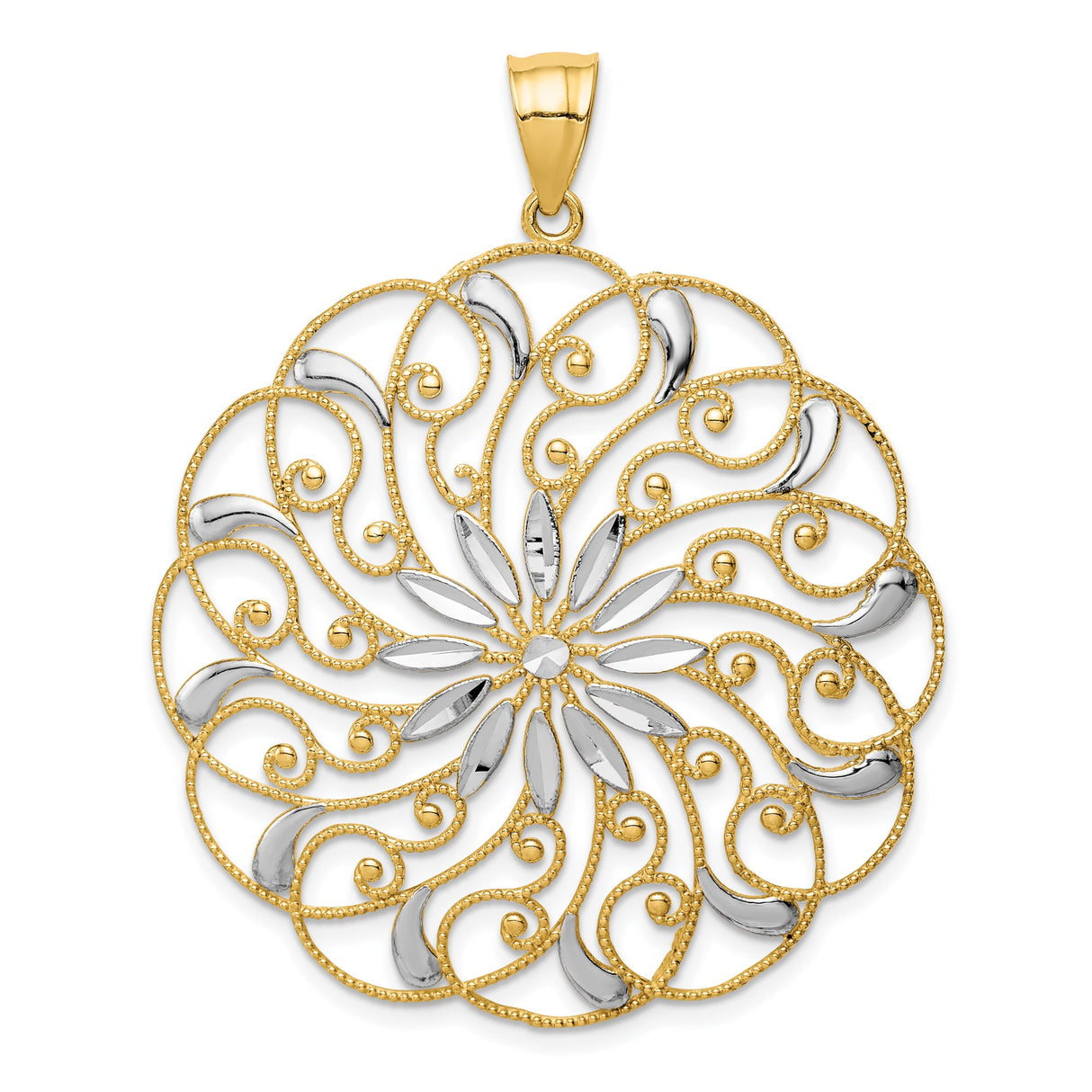 14k Yellow Gold and Rhodium Filigree Flower Pendant with Mandala Design