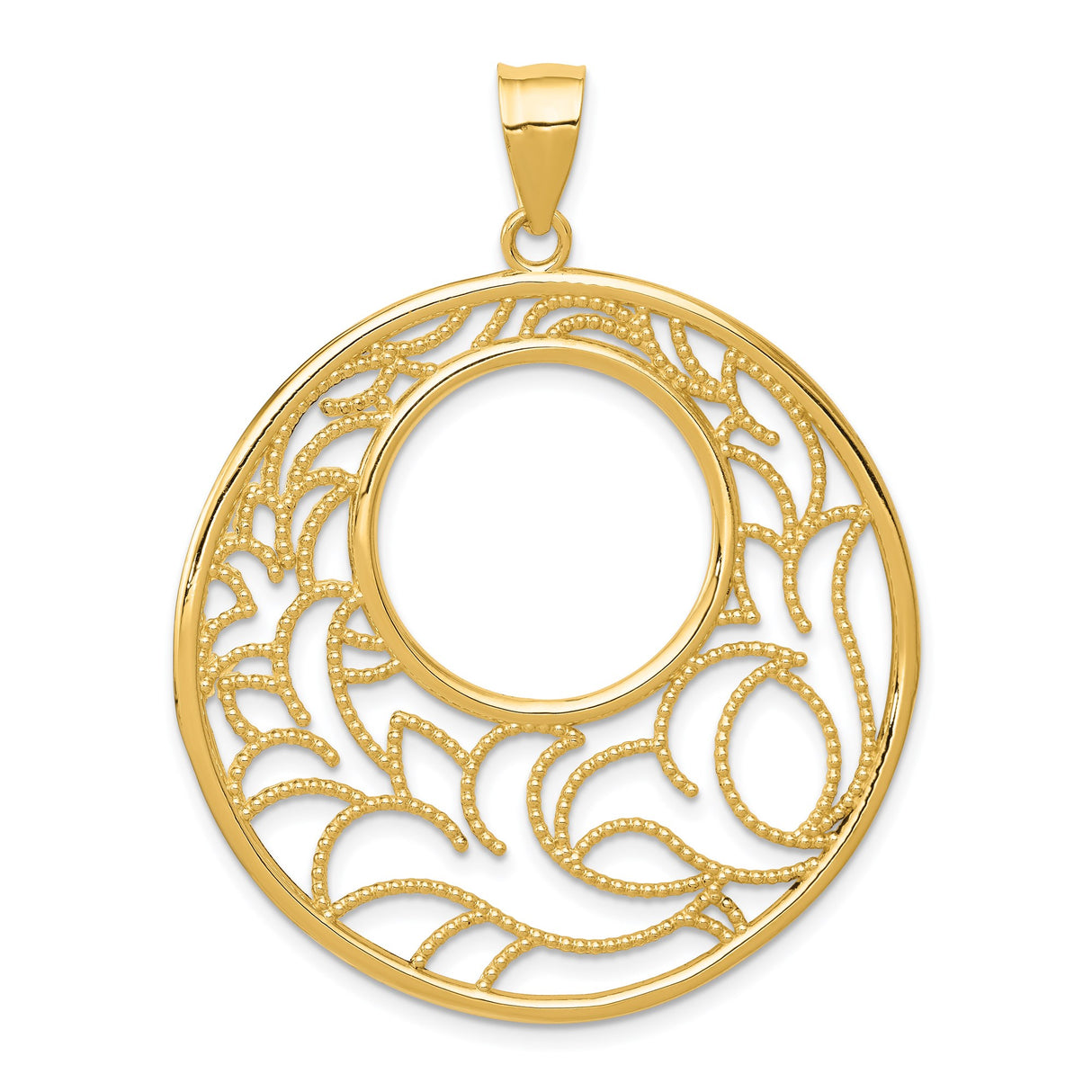 14k Yellow Gold Pendant, Floral Filigree Circle with Leaf Design, Nature-Inspired Charm for Women