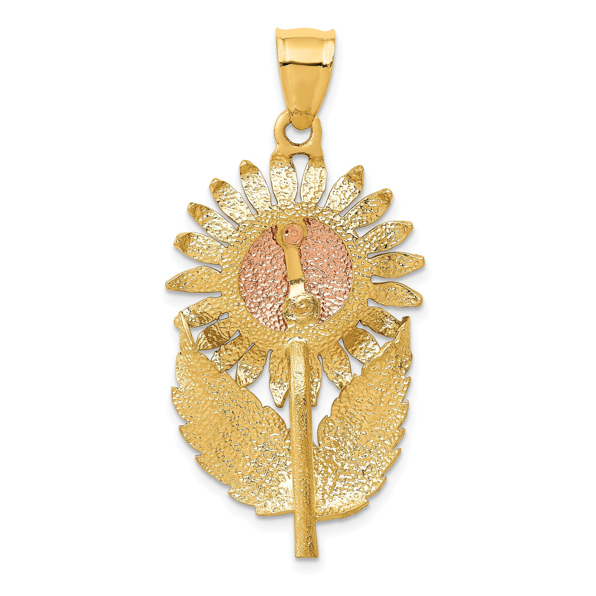 14k Two-Tone Gold Sunflower Pendant with Textured Rose Gold Center and Leaf Accents
