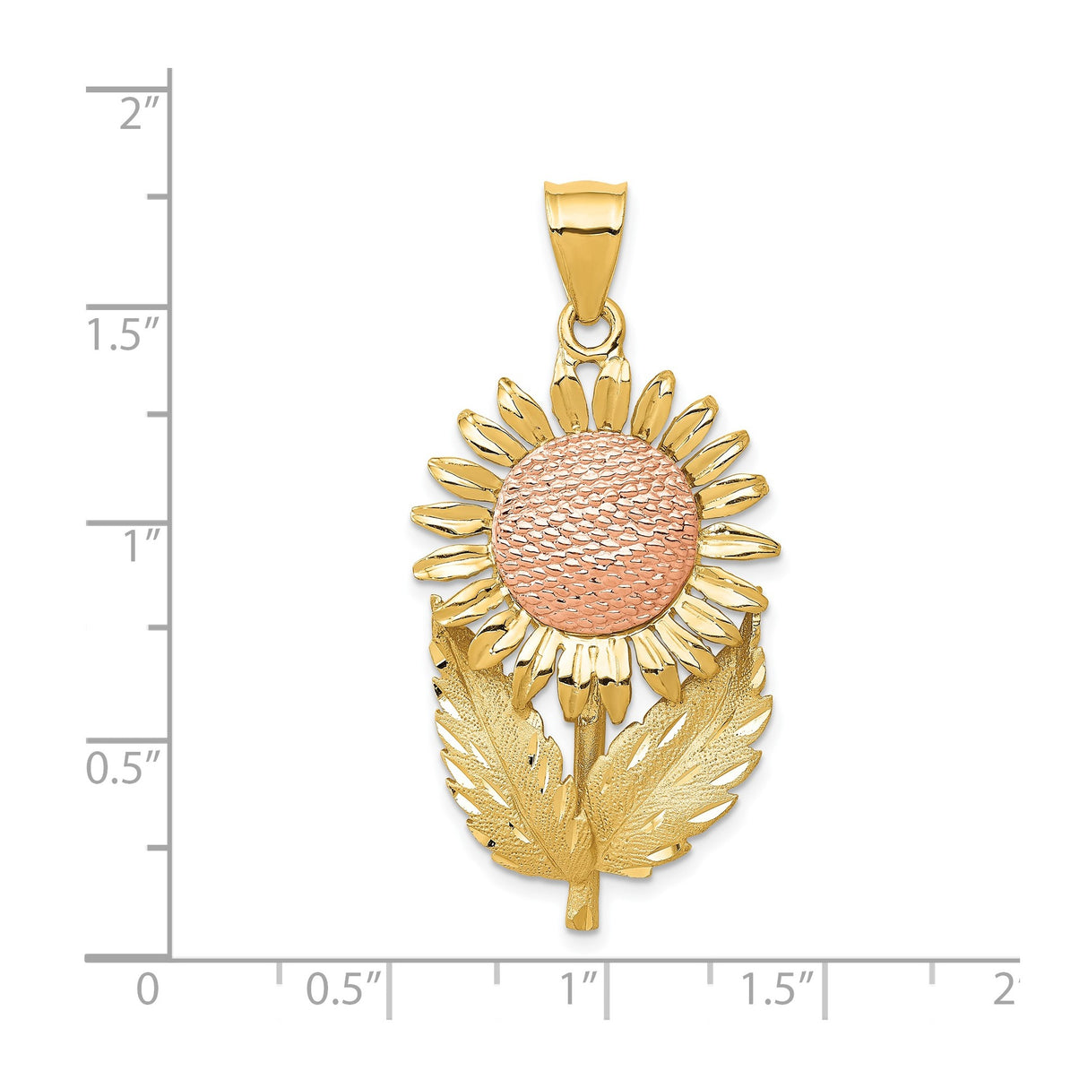 14k Two-Tone Gold Sunflower Pendant with Textured Rose Gold Center and Leaf Accents