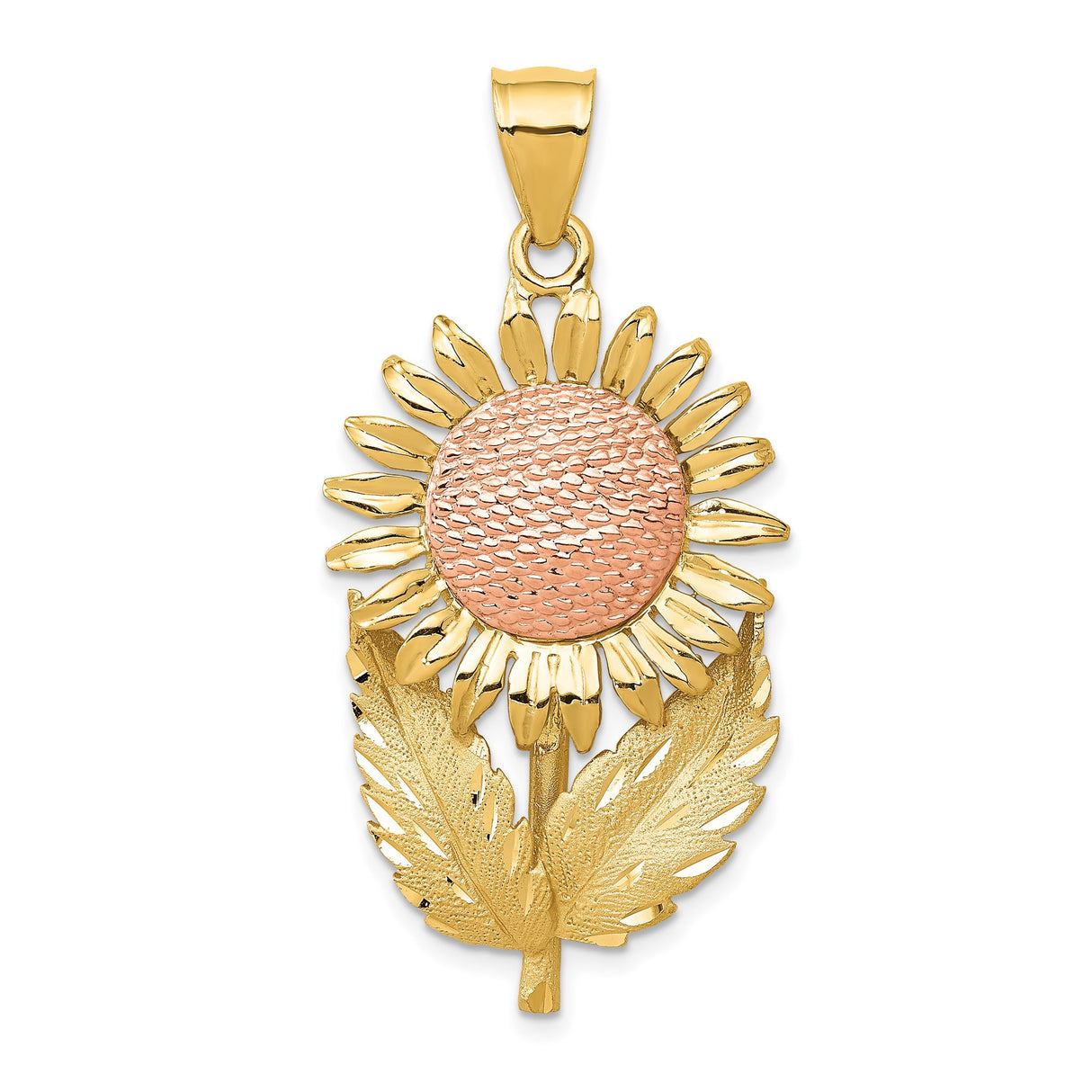 14k Two-Tone Gold Sunflower Pendant with Textured Rose Gold Center and Leaf Accents