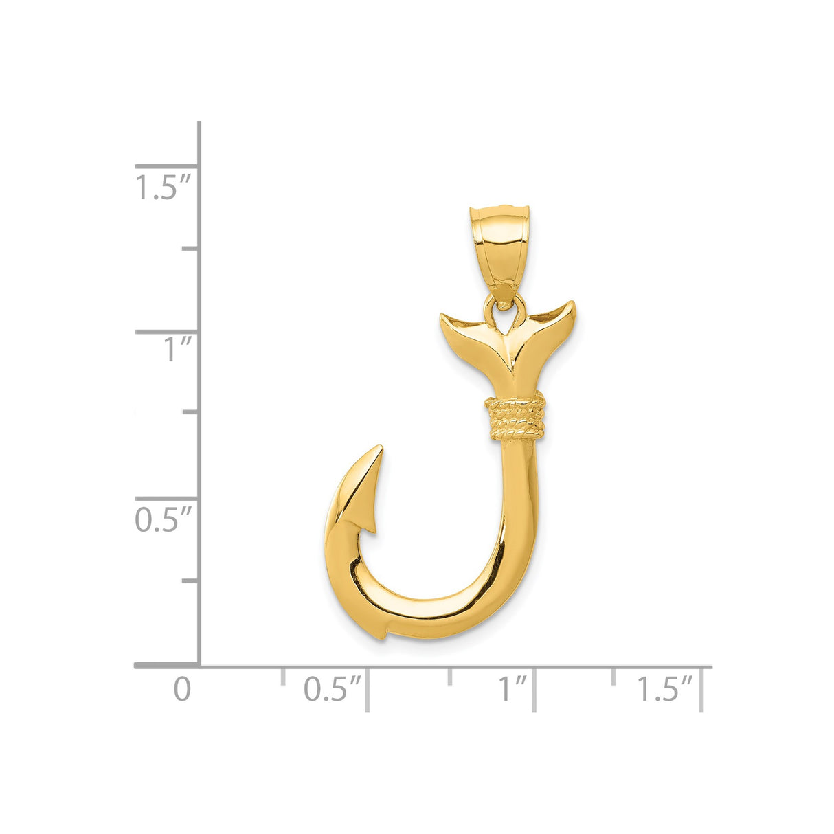 14k Yellow Gold Fish Hook Pendant with Whale Tail Design, Nautical Hawaiian Ocean Charm