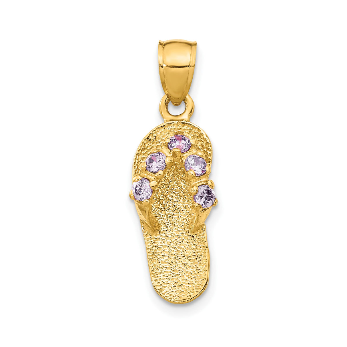 14k Yellow Gold Flip-Flop Pendant with Purple Cubic Zirconia, Beach Charm Style