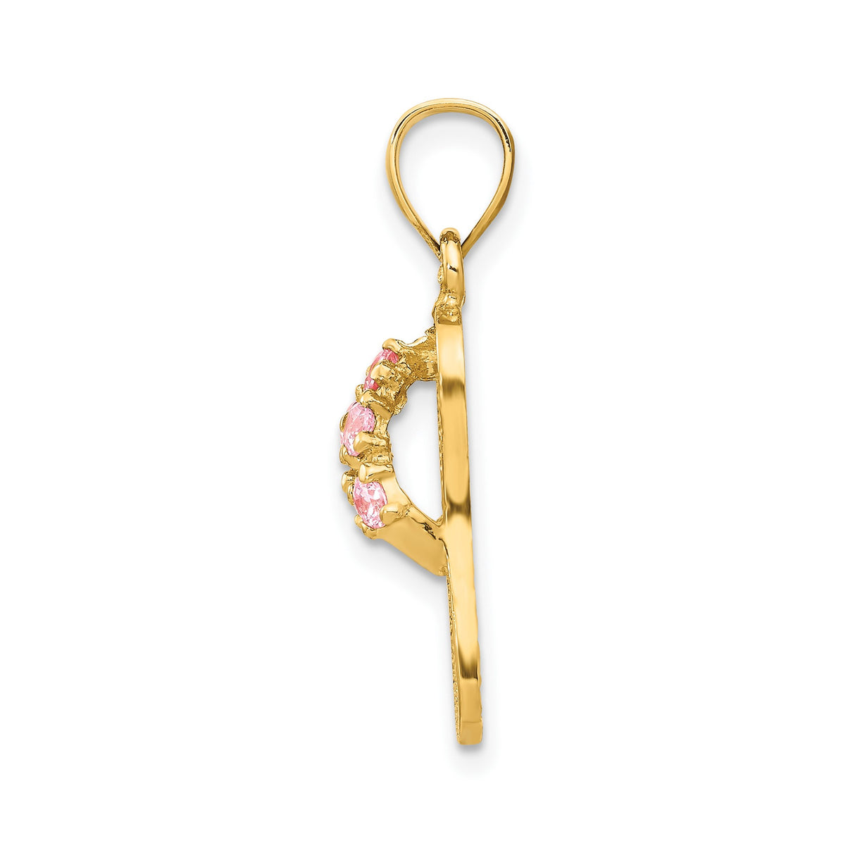 14k Yellow Gold Flip-Flop Sandal Pendant with Pink Cubic Zirconia, Textured Beach Charm Jewelry