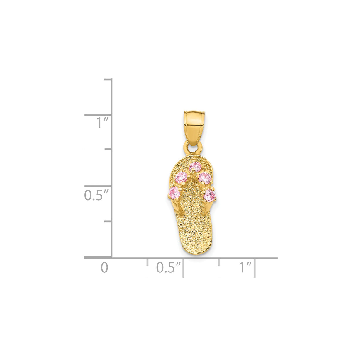 14k Yellow Gold Flip-Flop Sandal Pendant with Pink Cubic Zirconia, Textured Beach Charm Jewelry