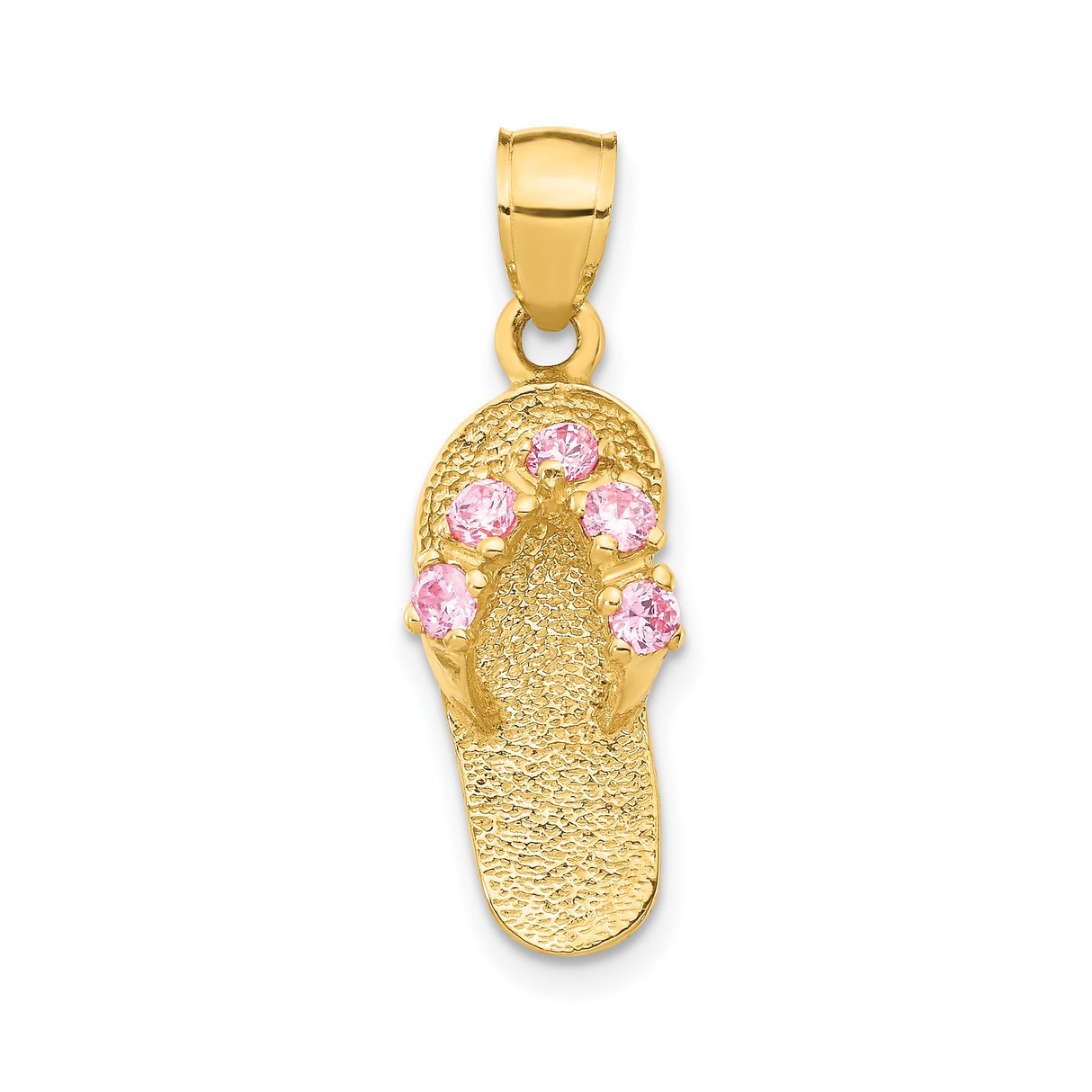 14k Yellow Gold Flip-Flop Sandal Pendant with Pink Cubic Zirconia, Textured Beach Charm Jewelry